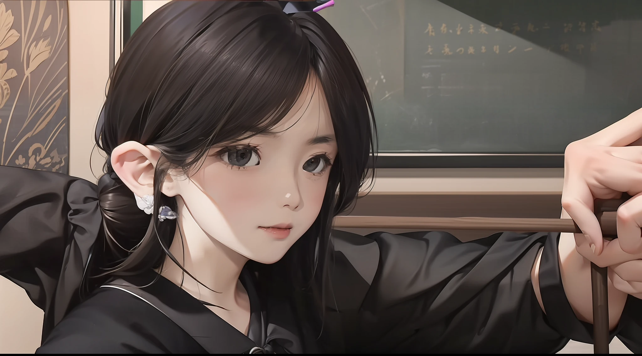 The good-looking royal sister wears black silk，Holding a stick and pointing to the horizontal view of the blackboard。