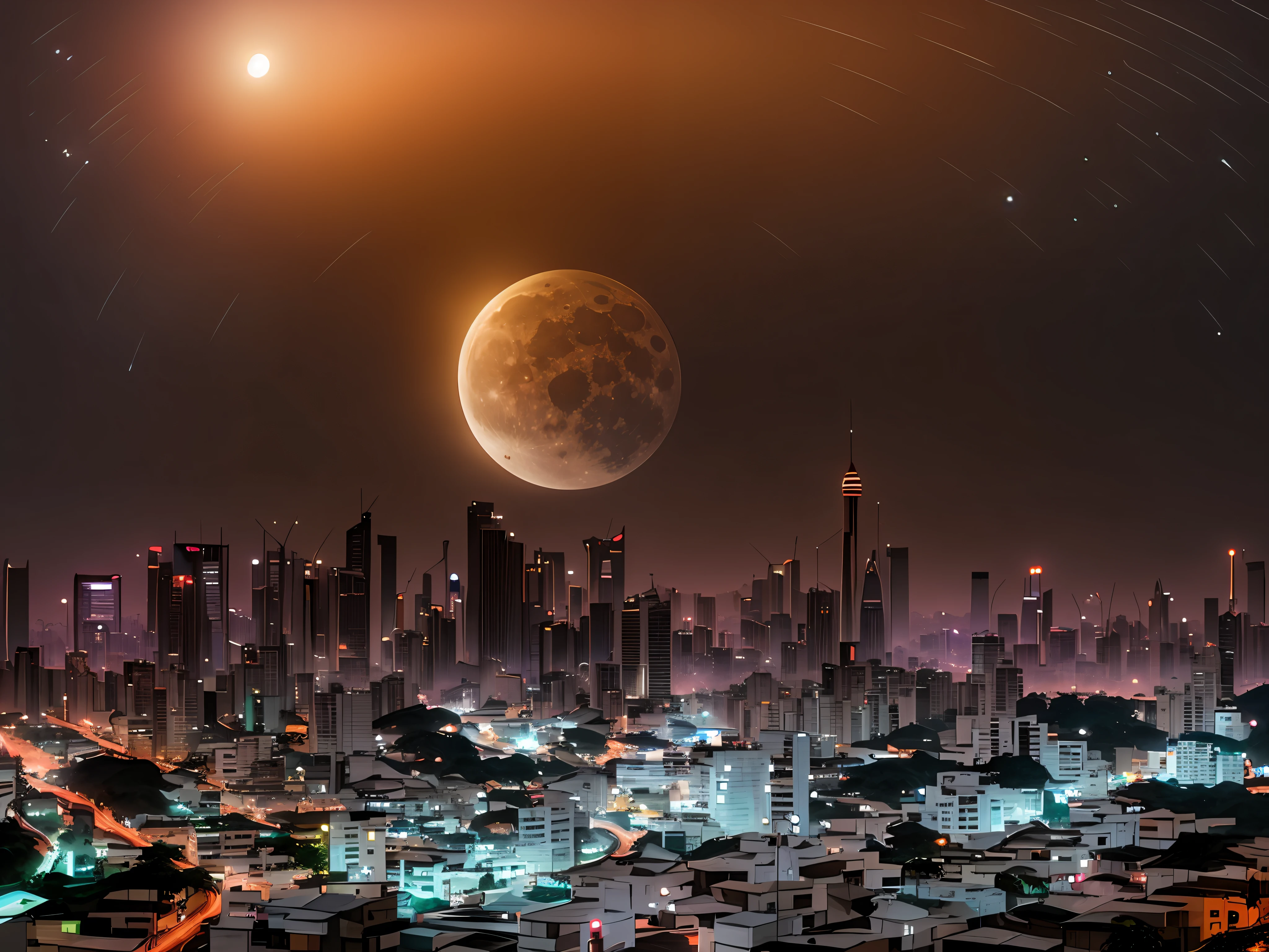 There is an image of a city with a full moon in the sky, Super Tomar, buraco subindo acima da cidade, the moon is big and in the city, Cidade na Lua, the ufo is over the city, apocalyptic future city, Paisagem da cidade do apocalipse, sao paulo in the year 2 0 7 0, apocalyptic city, futuristic sao paulo, Fundo surreal da paisagem urbana
