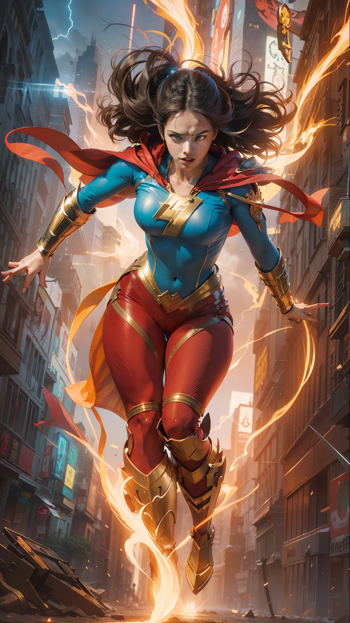 "Mary Bromfield, also known as Shazam, in a stunning artwork. Showcasing her power and strength, capture her confident expression, electrifying blue eyes, and vibrant red costume. Bring out the dynamic energy with intense lighting and impactful shadows. Create a dynamic action pose with dramatic angles. Surround her with a hint of magic and mystique, featuring mystical symbols and glowing effects. Render the background with a mix of urban cityscape and mystical elements. The artwork should exude a sense of excitement and heroic grandeur."