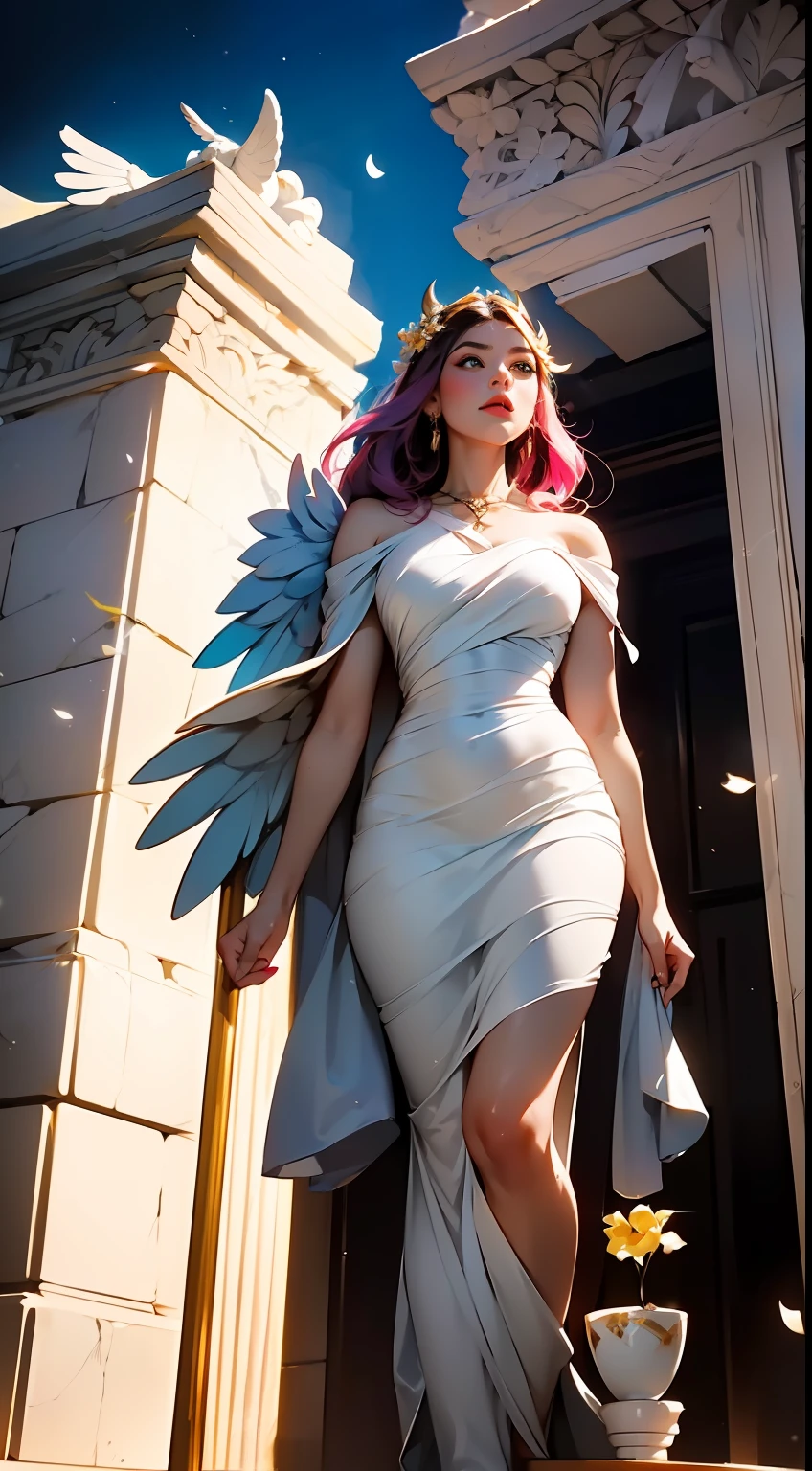 (tmasterpiece: 1.2), beste-Qualit, (illustartion: 1.2), (ultradetailed), eyes focus, (Masterfully crafted Glow, Pink glare lens), (Cinematic background), hyper-detailing, (delicate detailed), (intricate detials), In the air, Octane rendering, HDR, (hyper-detalied: 1.15), (soft light: 1.2), a 1girl, handsome girl, ultra detail eyes, Mature, fat, fat, Rainbow drops for drawing, Teardrop paint, The woman, Made of paint, entirely paint, Jumps, splatter, En plein air, (bioluminescent hair: 1.1), (gloweyes), ((makeup)),(Cinematic masterpiece), furious, powerfull, splashes of colour, absolutely eye-catching, (Cinematic headlight), Light, coming from above, Growing shadows, ((Caustic)), dinamic angle, beautifully detailed glow, Ambient shading, Ambient light, ray-traced reflections, (better lighting, extremely delicate and beautiful), ((cinematiclight)), (soft: 2), (Nephilim: 1.2), (Halo), horns demon, (1 angel wing), 1 Demon Wing, wings on the back, Half-demon, Demon ears, black wings, Raven Wings, (Falling crow feathers), Like pink, Purple, azure hair, gray eyes, (red glowing hair), (Radiant aura), The Magic Sorceress (oracle) 100mm wide-angle lens, Love in love, Flowers, Peonies, roses, Irises