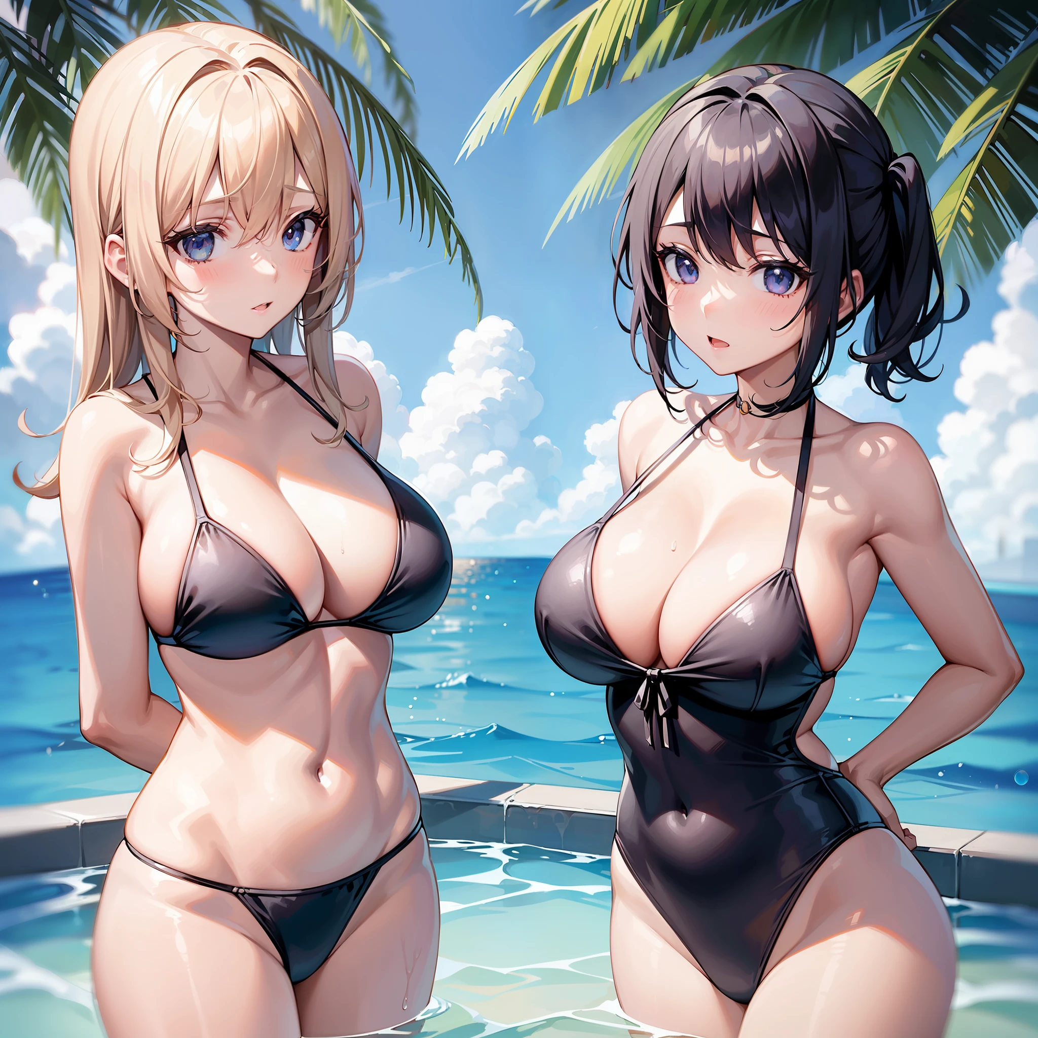2girls，Childlike big breasts，（nedium breasts:heads=3:1）Bikini swimsuit，Swim in the pool，bit girl，Lori huge breasts cleavage，A coquettish expression