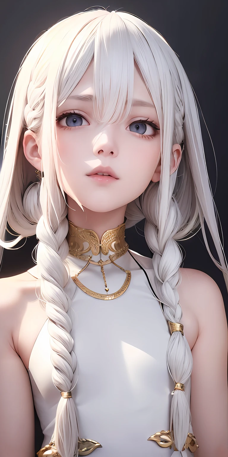 best quality, masterpiece,white hair, gold eyes,white clothes, looking up, upper body,hair strand,Fair skin,side braids