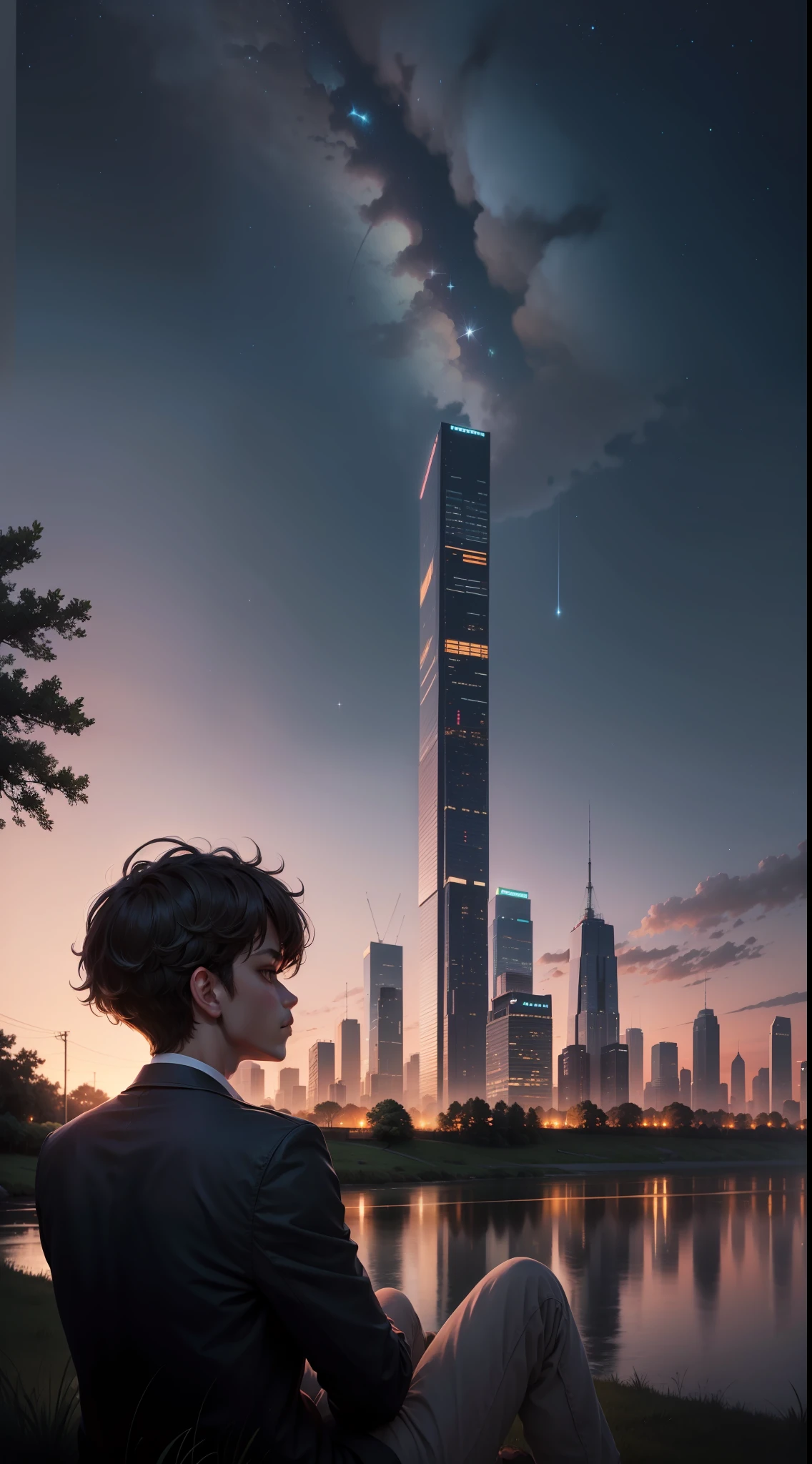 tmasterpiece, High image quality 4K comic texture highlights details, High school boy, One Boy Ultra Wide Angle sits on grass in the suburbs, looking at the city, The boy is in the lower right corner of the picture, Highlight the starry sky, The background is a stripe of starry sky and shooting stars, The moon can be seen, City towers can also be seen in the distance, The picture is cool in tones, It is a beautiful sight under the stars.