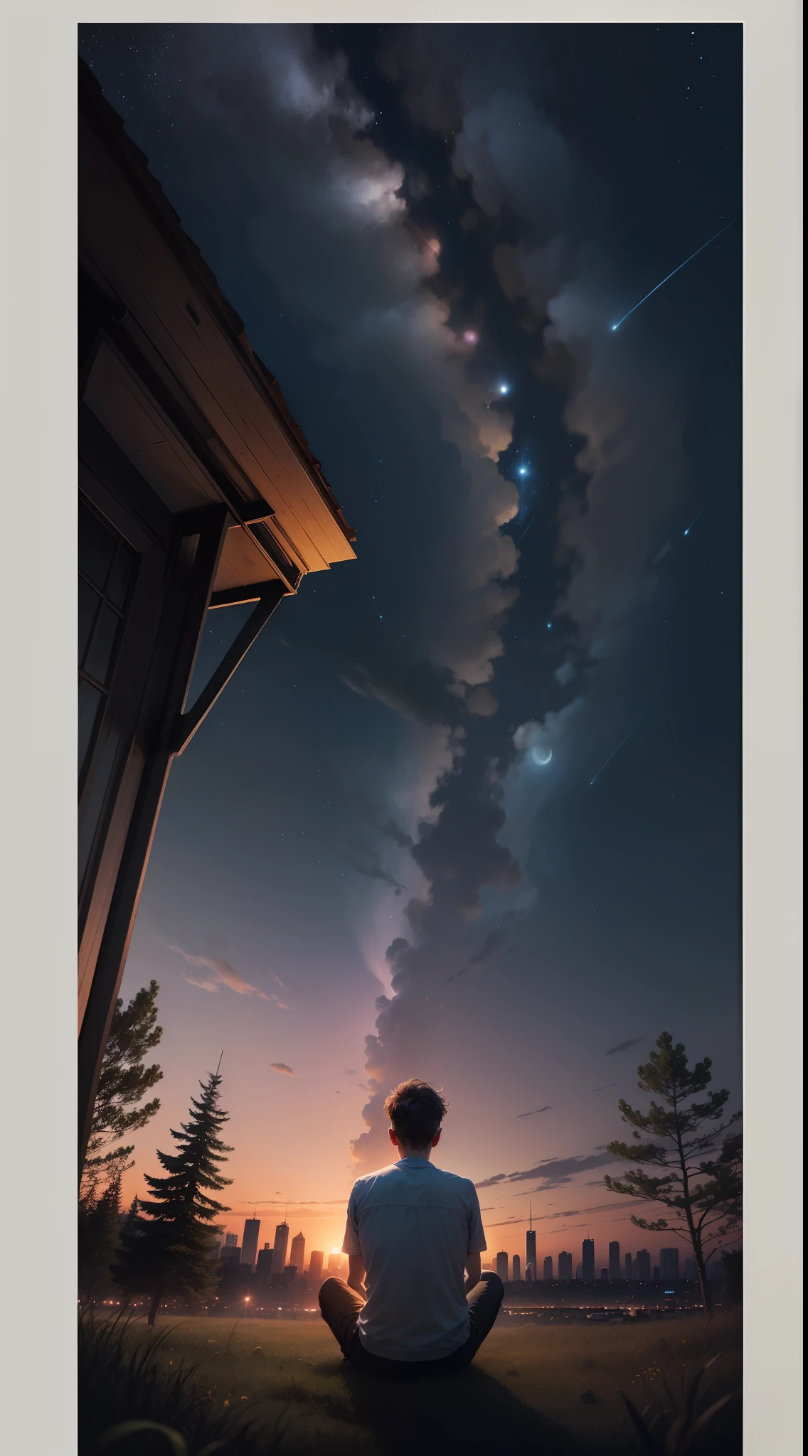 tmasterpiece, High image quality 4K comic texture highlights details, High school boy, One Boy Ultra Wide Angle sits on grass in the suburbs, looking at the city, The boy is in the lower right corner of the picture, Highlight the starry sky, The background is a stripe of starry sky and shooting stars, The moon can be seen, City towers can also be seen in the distance, The picture is cool in tones, It is a beautiful sight under the stars.