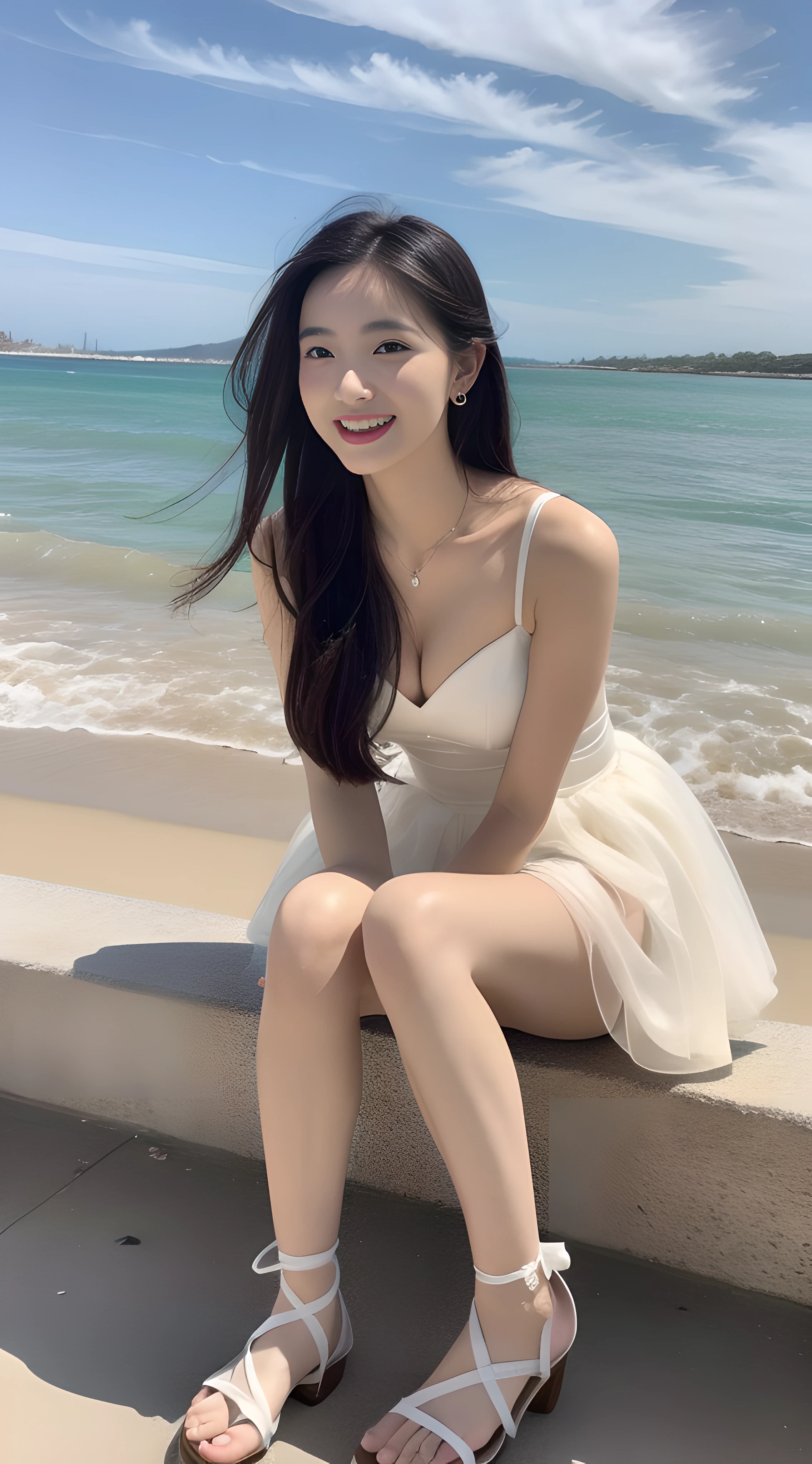 a young, Beautiful and lovely 18 year old girl,Full body photo,Extremely beautiful and delicate,Black color hair,Pouting and smiling,Delicate and beautiful fair skin,Realistic and realistic,exquisite and complete facial features,Detailed depiction of the face,tall nose bridge,Smooth hair,extremely detail hair,Feminine temperament,Tall and tall,Thin,Realiy,White teeth,Tied up with hair,Hyper-realism,sandals,full body shot shot,Forward tilt angle,Extreme picture quality,Highest precision,Precise and perfect human anatomy。The sky is gloomy,Cows, sheeps, (Tutu dress)(telephoto shot,)Express the landscape,Highlight portrait。Sitting on the beach by the sea。Wearing earrings