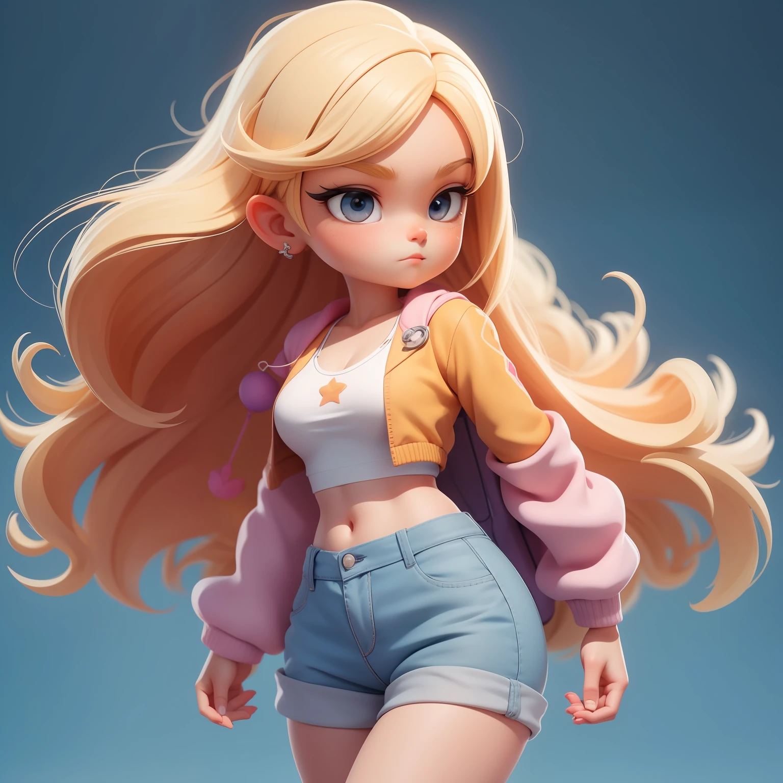 uma garota super bonito, corpo inteiro, dreamy cute blonde hair accessoriesPopmart Blind Box, IP de design, clean background and bright 3D rendering, OC rendering, 8k, Foco suave, fino Glossysuper detalhe --ar 3:6 50 --q 2 --niji 5 --estilo expressivo --s 2