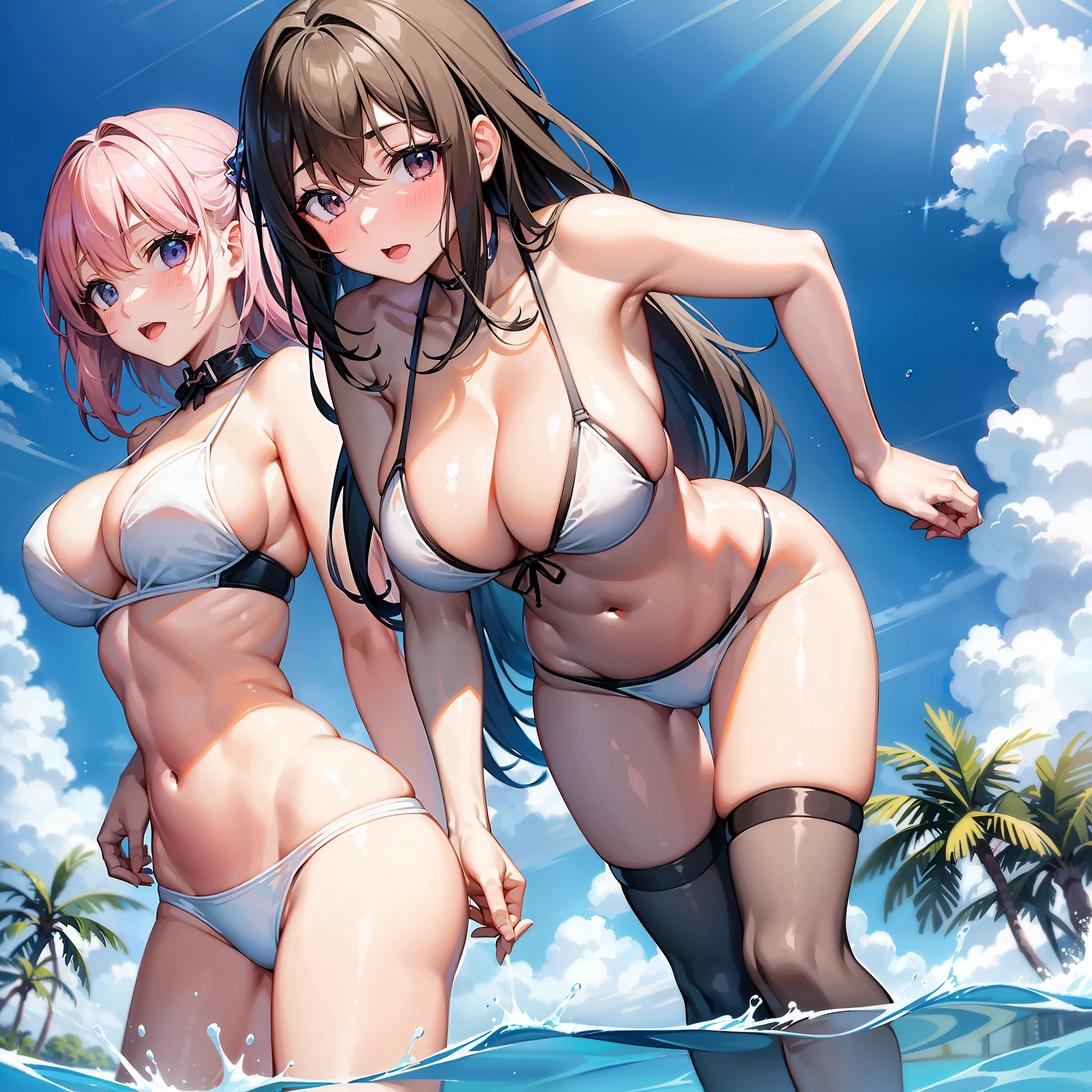 2girls,Childlike big breasts,(nedium breasts:heads=3:1)Bikini swimsuit,Swim in the pool,bit girl,Lori huge breasts cleavage,A coquettish expression