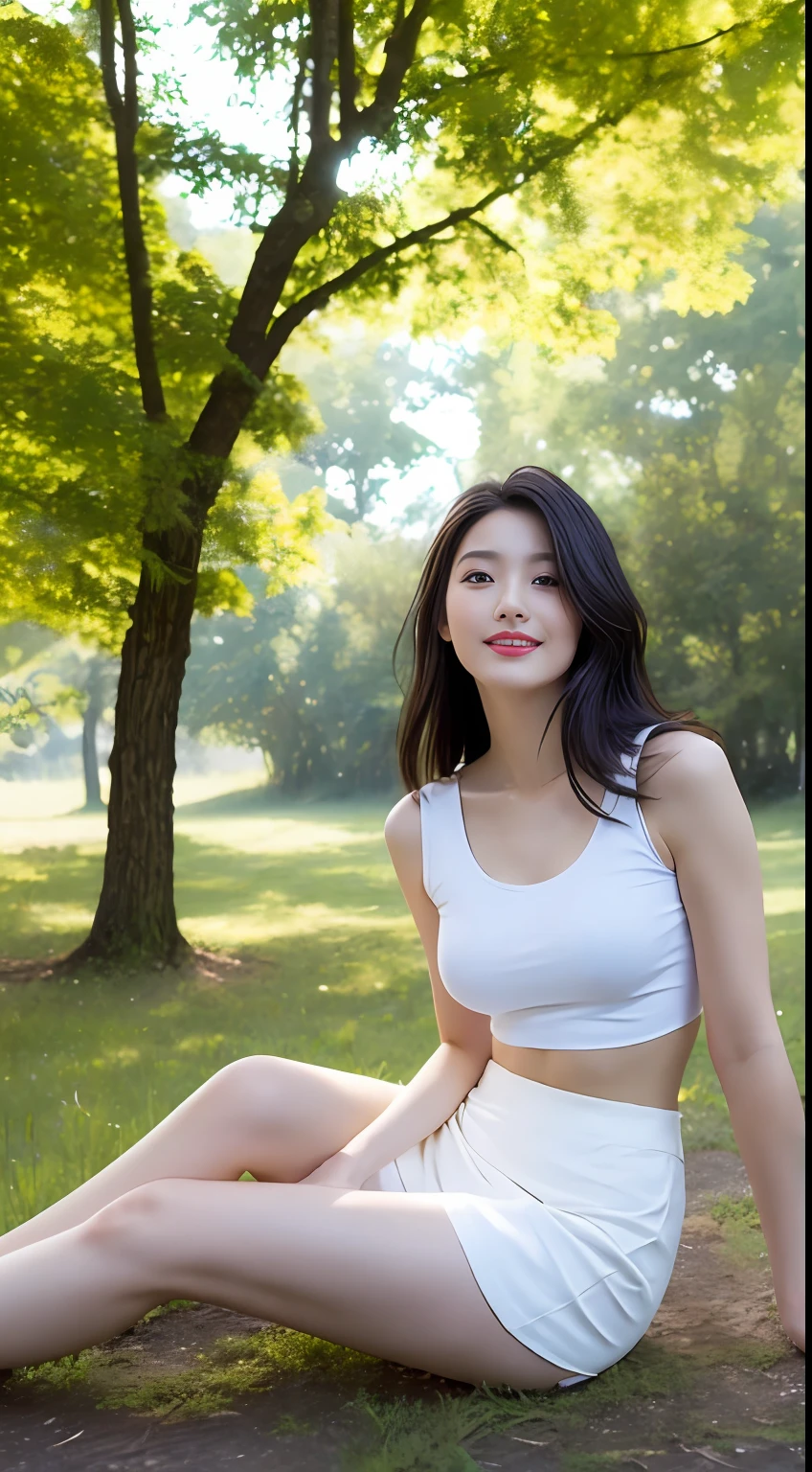 A beautiful and cute girl, full body photo, extremely beautiful and delicate, black hair, sweet smile, delicate beautiful fair skin, realistic and realistic, exquisite and complete facial features, detailed facial portrayal, high nose bridge, flowing smooth hair, extremely delicate hair, soft temperament, face light, tall, thin, real, hyper-real, full-body lens, forward tilt angle, ultimate picture quality, highest precision, accurate and perfect human body structure. Blue sky and white clouds, sitting in the woods, blue sky and white clouds, sunlight, (crop top, long skirt) panties are clearly visible