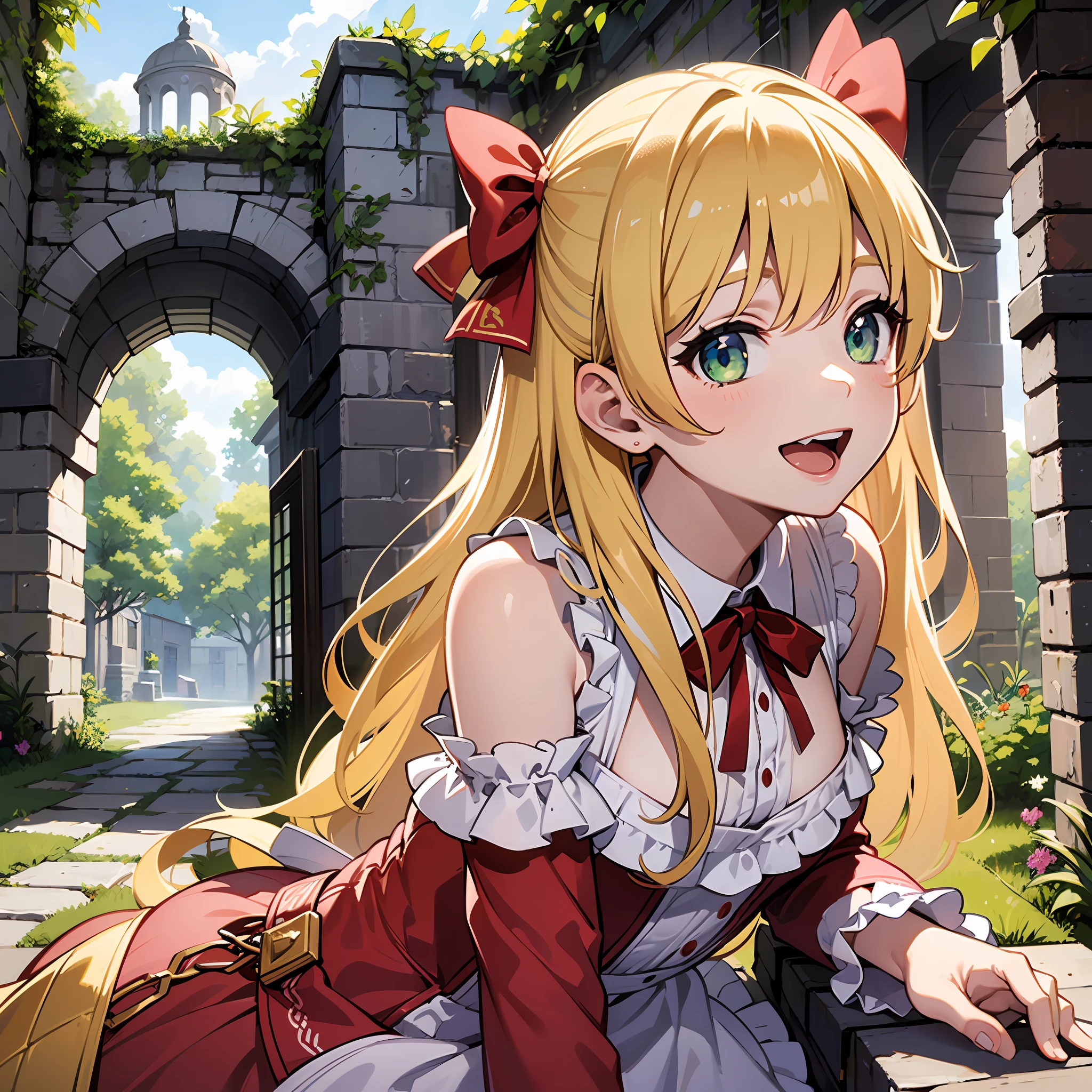 (masterpiece:1.3), (best quality:1.3), high resolution,
dutch angle, overlook view, upper body,
leaning forward, body facing forward,
(one cute girl:1.3), solo,
white skin, small Breast, eight-headed person,
light yellow hair, long hair, red ribbon, fluffy hair, beautiful hair, green eyes, beautiful detailed eyes,
open mouth, cheerful smile,
frilled dress, pink dresses,
outdoors, historic ruins,
shadowlighting,