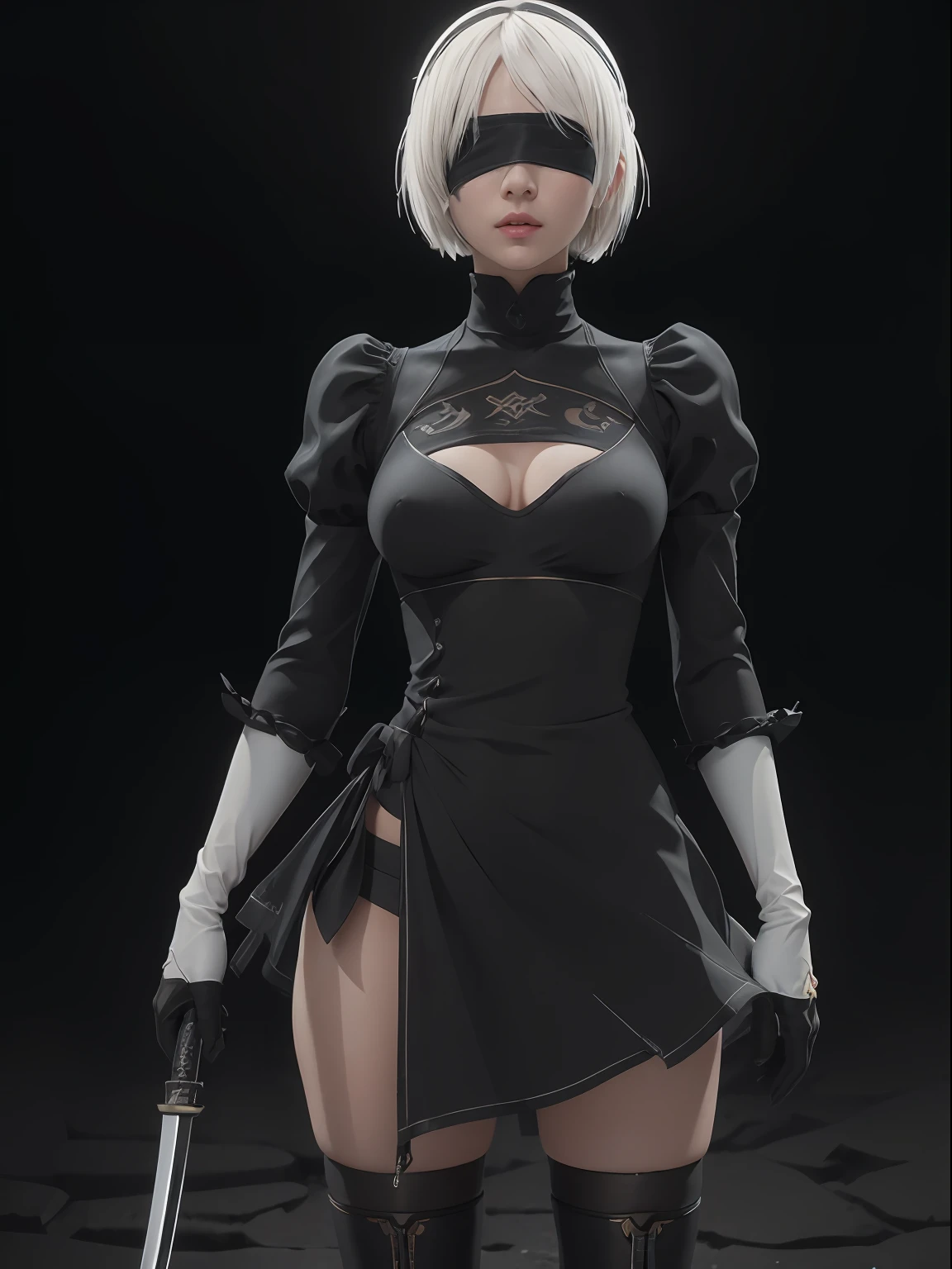 (masterpiece, best quality:1.4), (on the street), (standing:1.5), (full body), (from front), (1girl), (katana in her hand), solo, (european youth:1), 1girl, yorha no. 2 type b, (white-hair:1), (black blindfold, big blindfold:1.5), hyperrealistic, high detailed skin, dslr, soft lighting, high quality, highly detailed skin, skin pores, subsurface scattering, medium breast, full face blush, highly detailed face, full lips, detailed background, depth of field, volumetric lighting, sharp focus, absurdres, realistic proportions, good anatomy, (realistic, hyperrealistic:1.4), 16k hdr,