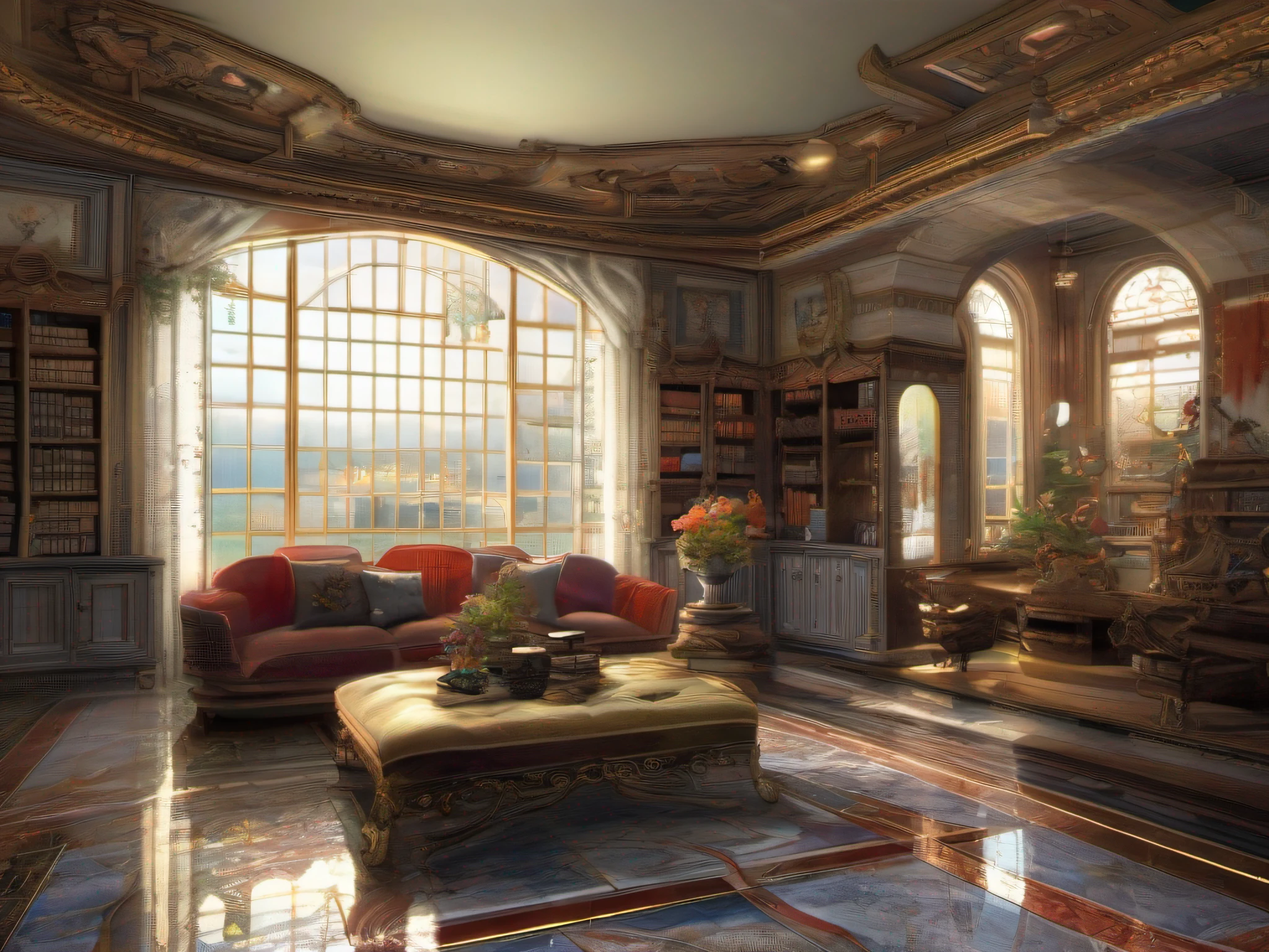 (Masterpiece),(Best quality:1.0), (超高分辨率:1.0), Detailed, glass, No Man, scenery, tile floor, Living room, bookshelf, sofe, vases,