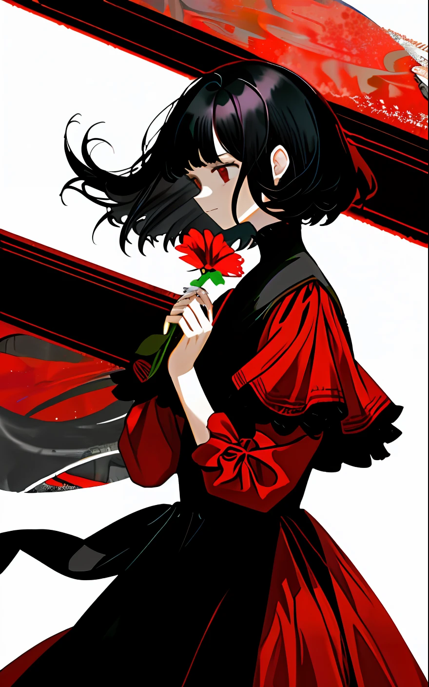 black color hair，Holding a flower in his hand，red dress