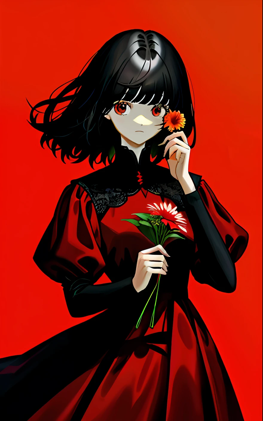 black color hair,Holding a flower in his hand,red dress