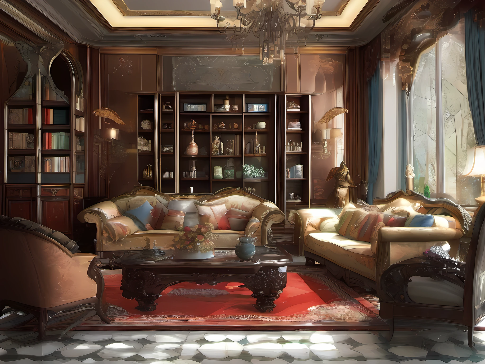 (Masterpiece),(Best quality:1.0), (超高分辨率:1.0), Detailed, glass, No Man, scenery, tile floor, Living room, bookshelf, sofe, vases,