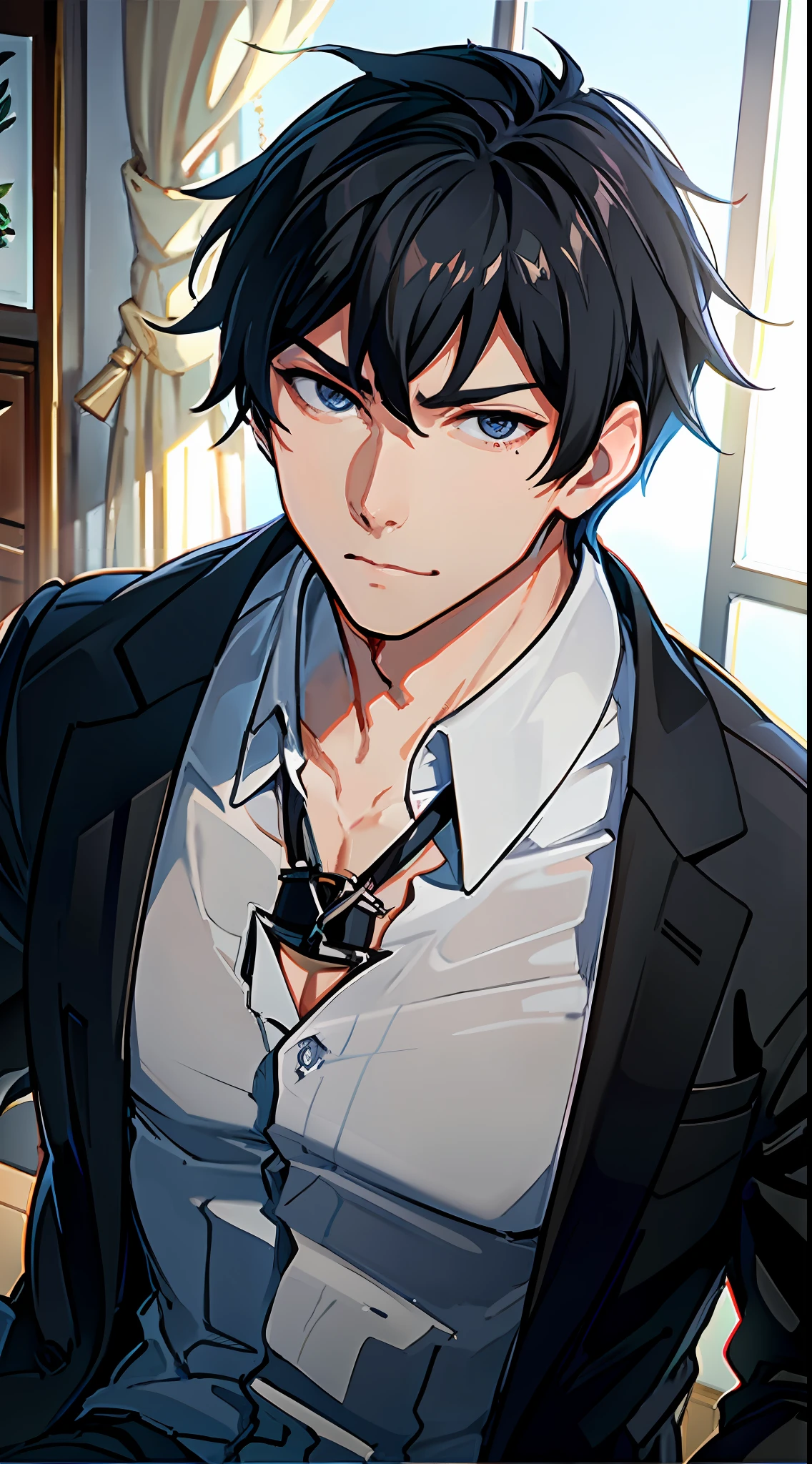1人，malefocus，tall muscular，Handsome，Keep one's mouth shut，Business suit，sportrait，very vey very detailed face，，Best picture quality， tmasterpiece， 超高分辨率， （Fidelity：1.4）， photore， 1 Men，[（Serious）]，The shirt， Dimly lit， darkly， cinematic ligh， （torn laundry：1.5）， （wetclothes：1.4），  Real rain， short detailed hair，Wet hair,..