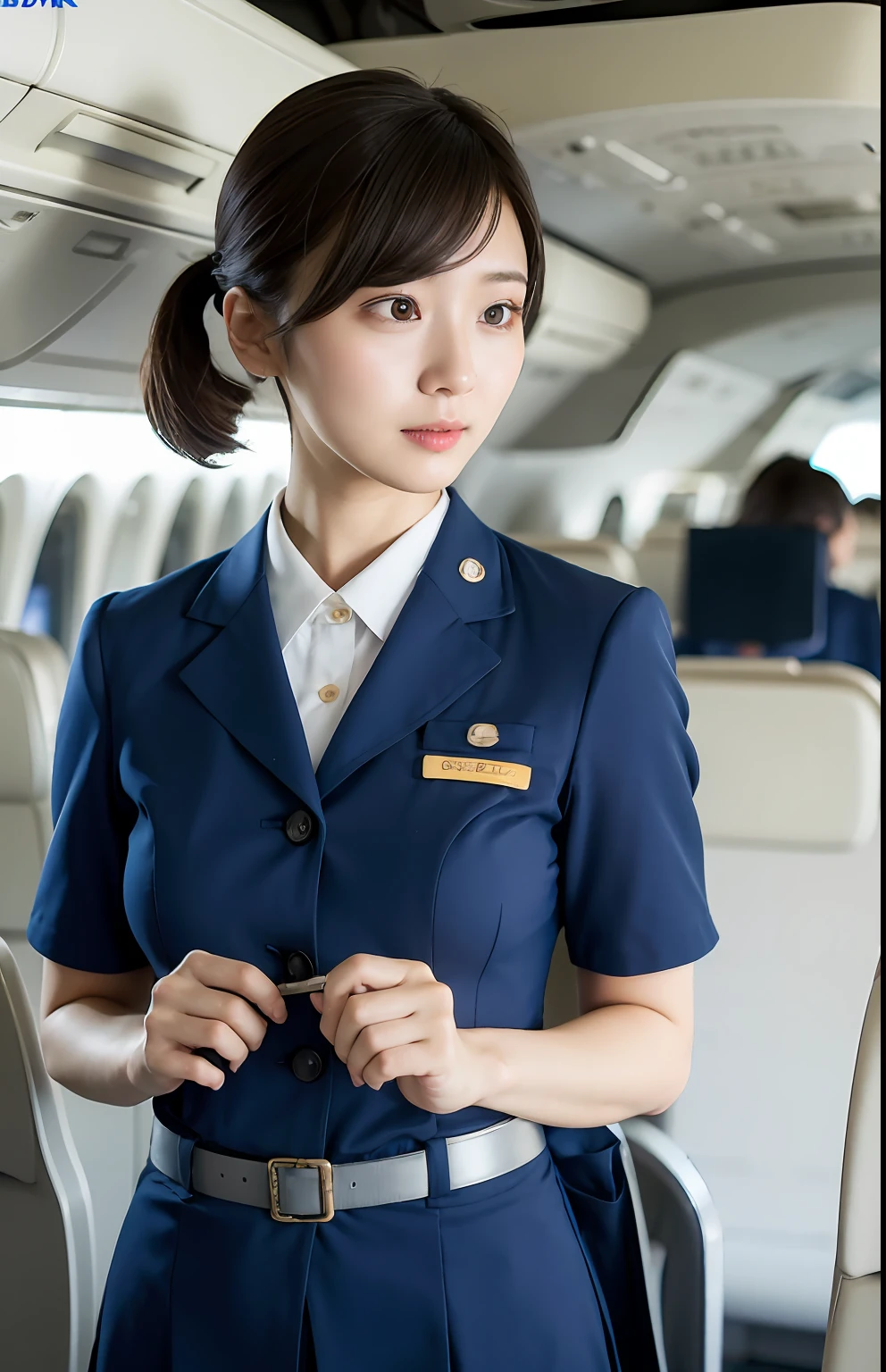 Ultra-realistic 4K photos,Ultra photo realsisim,on focus,s the perfect face,beauitful face,Lots of fine details,photography of,photographrealistic,HighestQuali,highest details,Third Person View,Long exposure,8K,hyper HD,hyper-detailing,Award-winning photography,
Stewardess, In the plane, short detailed hair, pony tails, Korea, 韓国アイドル, South Korean beauties, full bodyesbian, white skirt, Blue short-sleeved Korean Airlines uniform,open shirts,