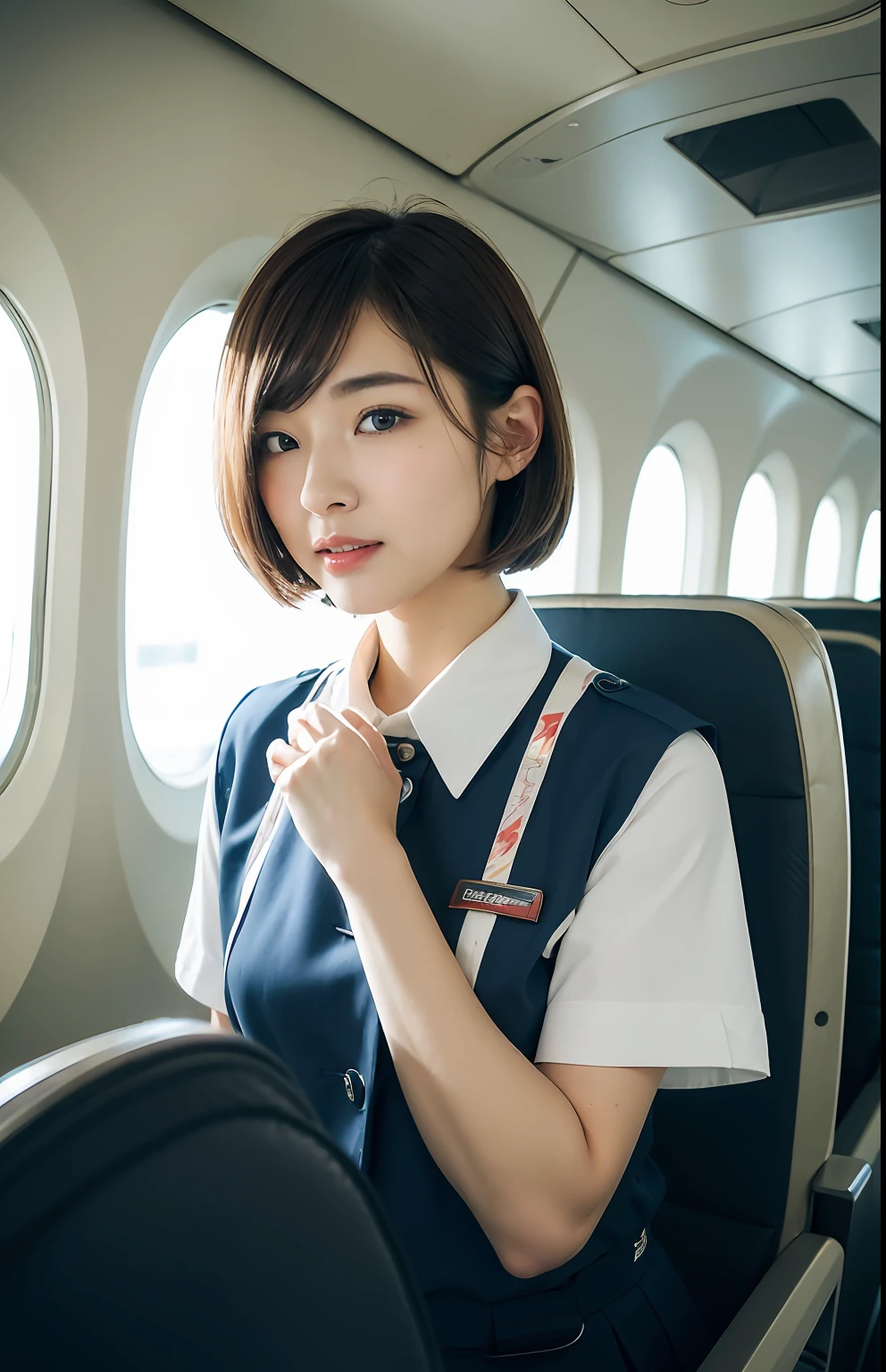 Ultra-realistic 4K photos，Ultra photo realsisim，on focus，s the perfect face，beauitful face，Lots of fine details，photography of，photographrealistic，HighestQuali，highest details，Third Person View，Long exposure，8K，hyper HD，hyper-detailing，Award-winning photography，
Stewardess， In the plane， short detailed hair， pony tails， Korea， 韓国アイドル， South Korean beauties， full bodyesbian， white  skirt， Blue short-sleeved Korean Airlines uniform，open shirts，