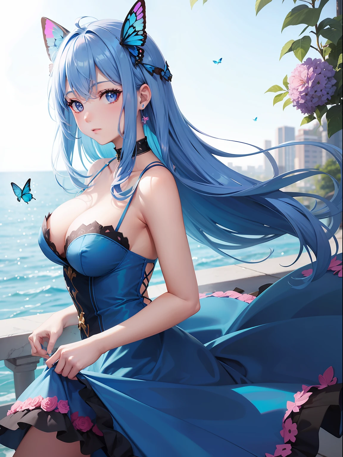 a women, blue butterfly, blue hair, pink eyes, blue dress