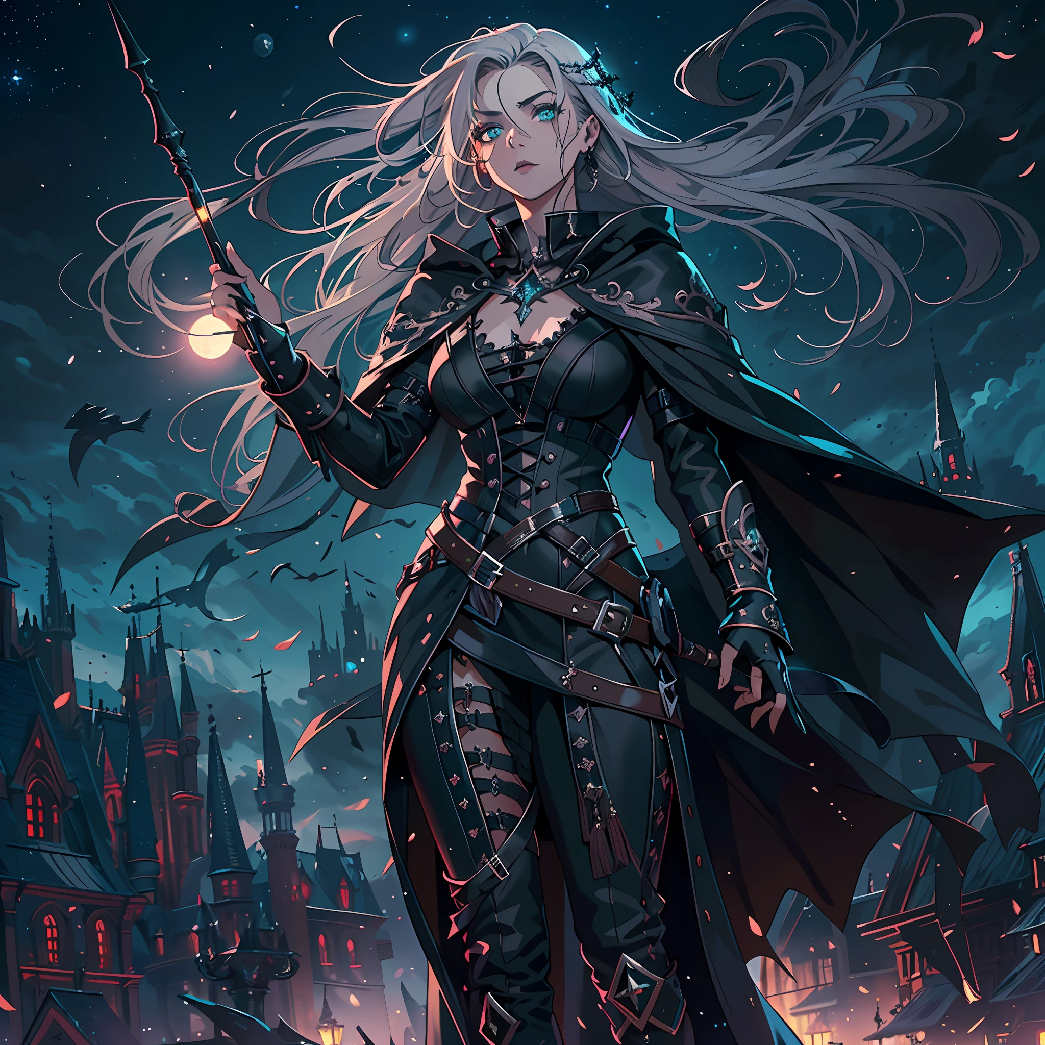 high details, best quality, 8k, [ultra detailed], masterpiece, best quality, (extremely detailed), dynamic angle, ultra wide shot, photorealistic, dark fantasy art,  gothic art, dark RPG art, realistic art, an ultra wide picture of female human cleric,, very beautiful female woman (intense details, Masterpiece, best details: 1.5),  holding a spear, wearing black cloak, black leather suit, with stars sigils (intense details, Masterpiece, best details: 1.5), high heeled boots, holy symbol casting a spell, white magical sigils (intense details, Masterpiece, best details: 1.5), stars and moon symbol, blue light from symbol, blond hair (intense details, Masterpiece, best details: 1.5), long hair, braided hair, small, intense eyes, green eyes, moon and stars background, (( goth worship atmosphere)), moon light high details, best quality, highres, ultra wide angle