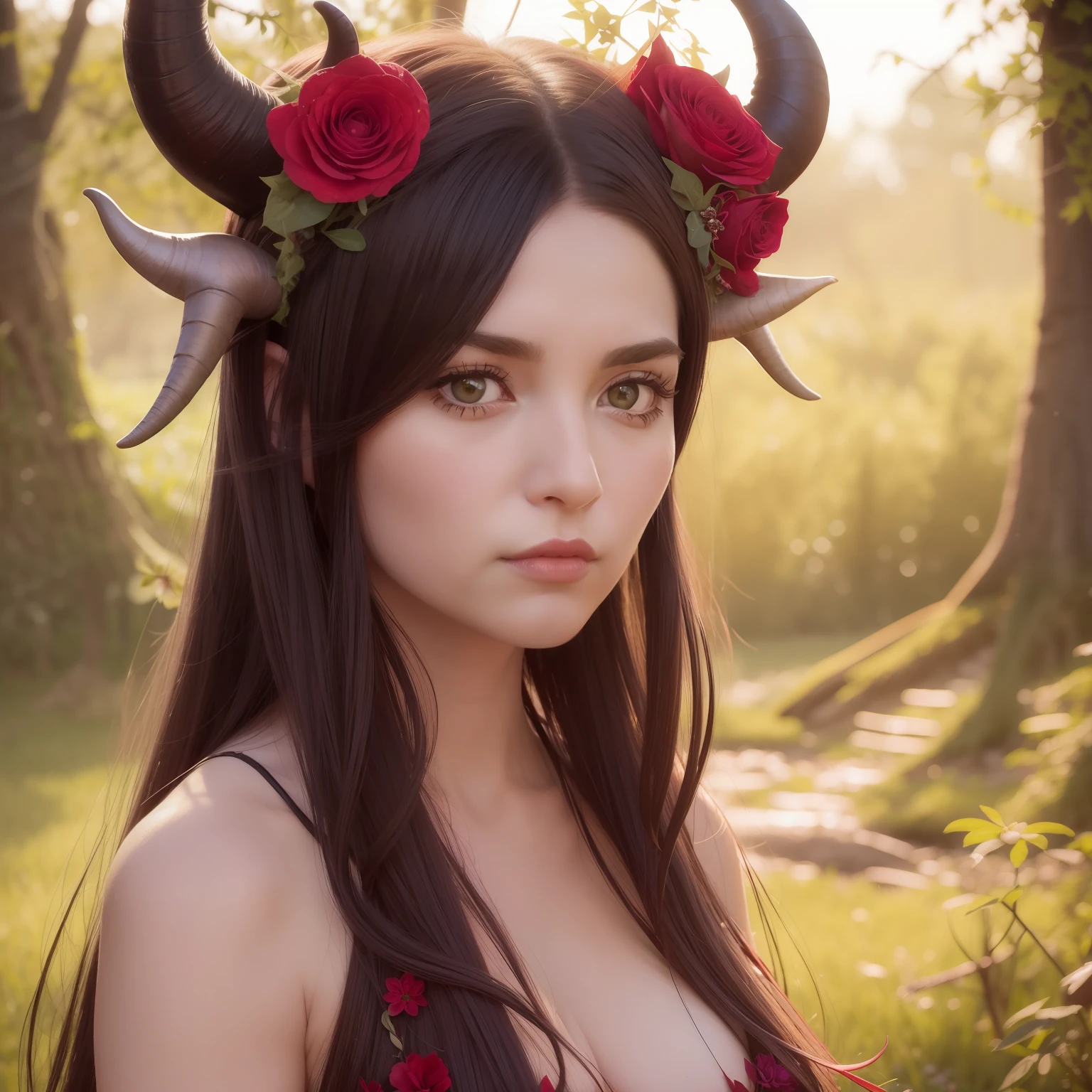 a close up of a woman with horns and flowers on her head, girl design lush horns, attractive tiefling druid, with horns, alluring tiefling druid, fauns, tiefling, big natural horns on her head, cute horns, horns and red eyes, beautiful succubus, horned god, druid goddess, horned ram goddess, trending on artstration