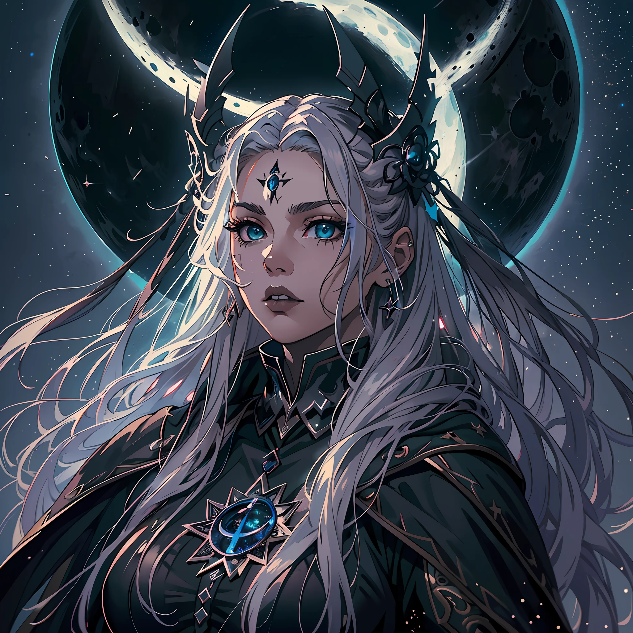 high details, best quality, 8k, [ultra detailed], masterpiece, best quality, (extremely detailed), dynamic angle, ultra wide shot, photorealistic, dark fantasy art,  gothic art, dark RPG art, realistic art, an ultra wide picture of female human cleric,, very beautiful female woman (intense details, Masterpiece, best details: 1.5),  holding a spear, wearing black cloak, black leather suit, with stars sigils (intense details, Masterpiece, best details: 1.5), high heeled boots, holy symbol casting a spell, white magical sigils (intense details, Masterpiece, best details: 1.5), stars and moon symbol, blue light from symbol, blond hair (intense details, Masterpiece, best details: 1.5), long hair, braided hair, small, intense eyes, green eyes, moon and stars background, (( goth worship atmosphere)), moon light high details, best quality, highres, ultra wide angle