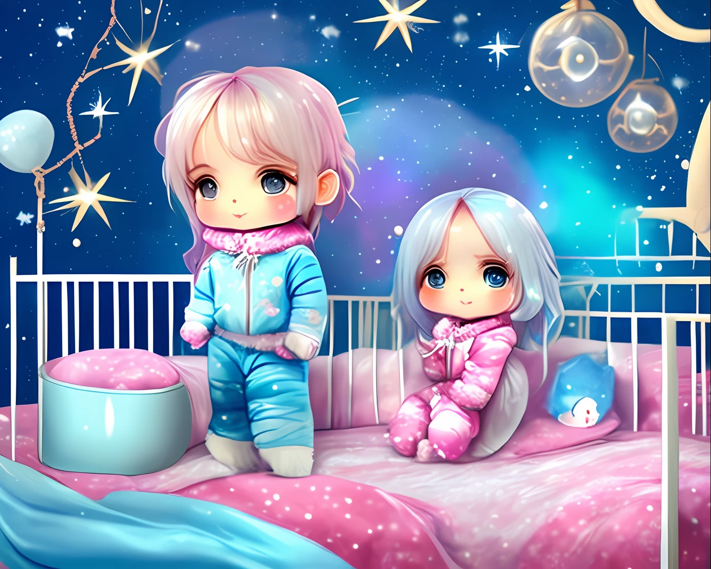 Ursinha polar, wearing pajamas lying in a crib, Quarta Rosa, mobilhado, janela aberta, mostrando a lua e as estrelas, Estilo Chibi