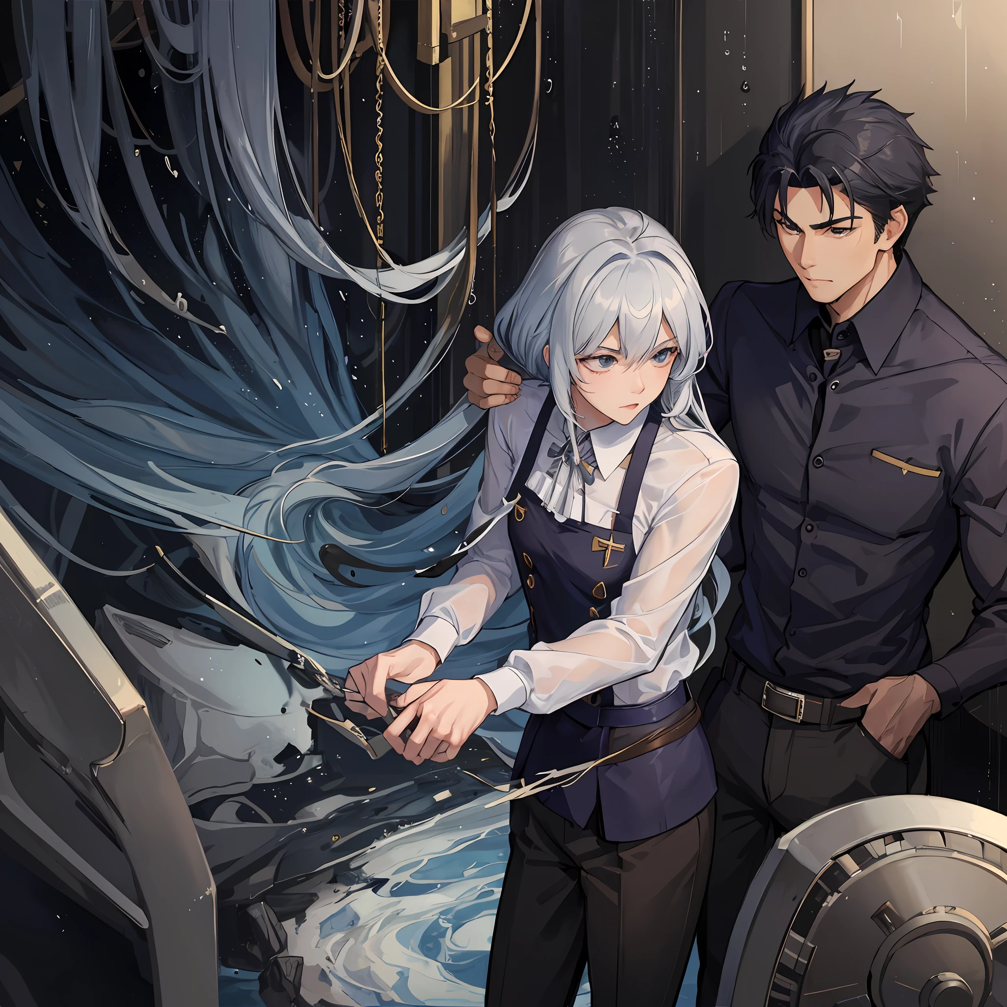 1人，malefocus，tall muscular，Handsome，Keep one's mouth shut，Business suit，sportrait，very vey very detailed face，，Best picture quality， tmasterpiece， 超高分辨率， （Fidelity：1.4）， photore， 1 Men，[（Serious）]，The shirt， Dimly lit， darkly， cinematic ligh， （torn laundry：1.5）， （wetclothes：1.4），  Real rain， short detailed hair，Wet hair,..