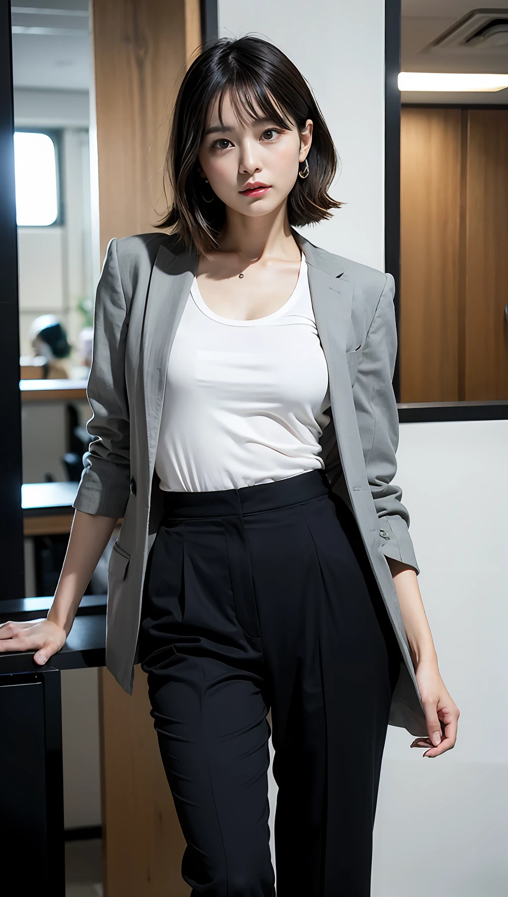 (best qualtiy,8k,32k,tmasterpiece,UHD:1.2),1girll,beautiful japanese woman,a narrow waist,grey suit,open shirts,office lady,White suit,trouser,,office room,office desk,(Stretch out your thighs:1.2),详细的脸,with short dark brown hair,