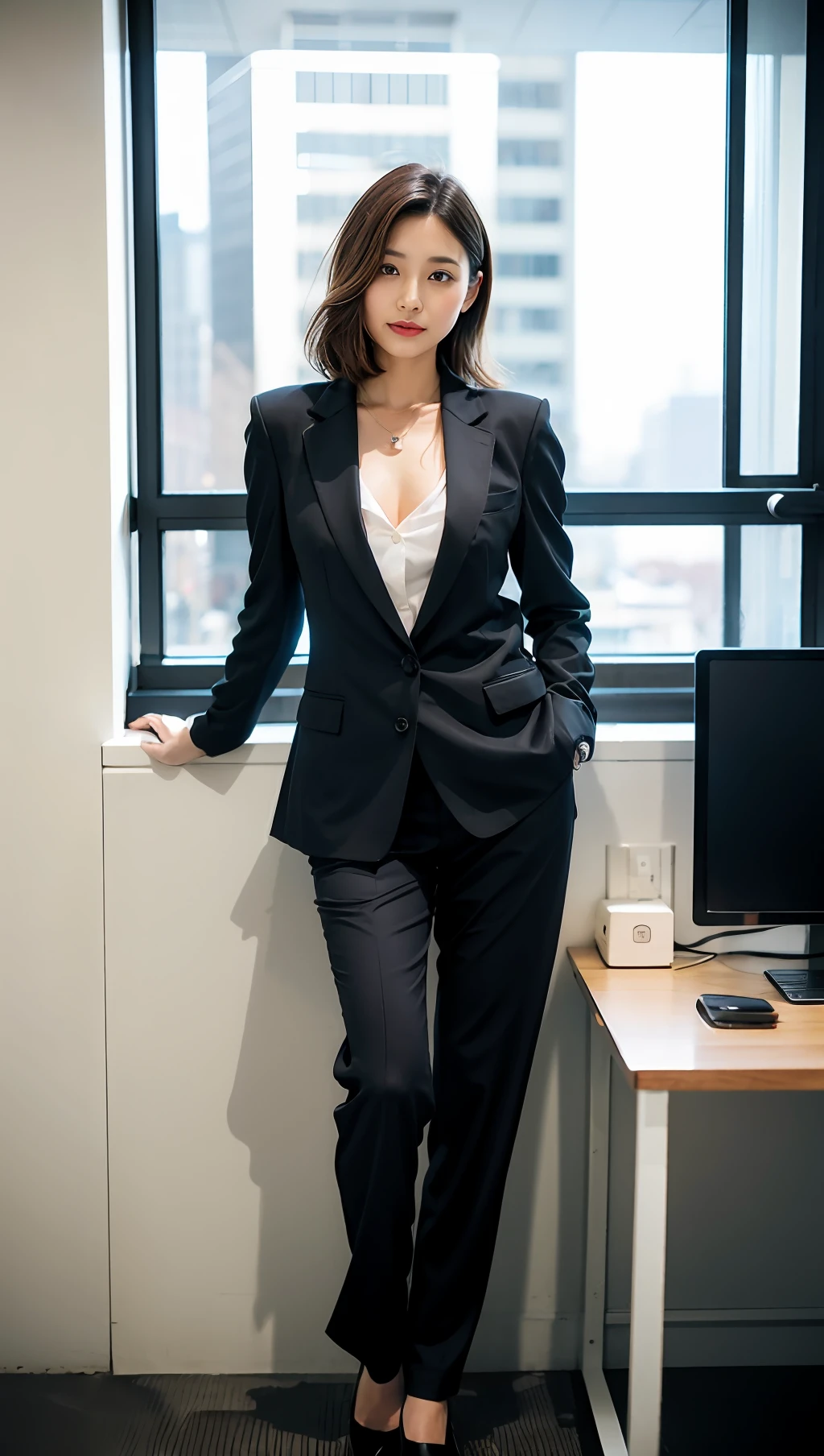 （best qualtiy，8k，32k，tmasterpiece，UHD：1.2），1girll，beautiful  japanese woman，a narrow waist，grey suit，open shirts，office  lady，White suit，trouser，，office room，office desk，（Stretch out your thighs：1.2），详细的脸，with short dark brown hair，