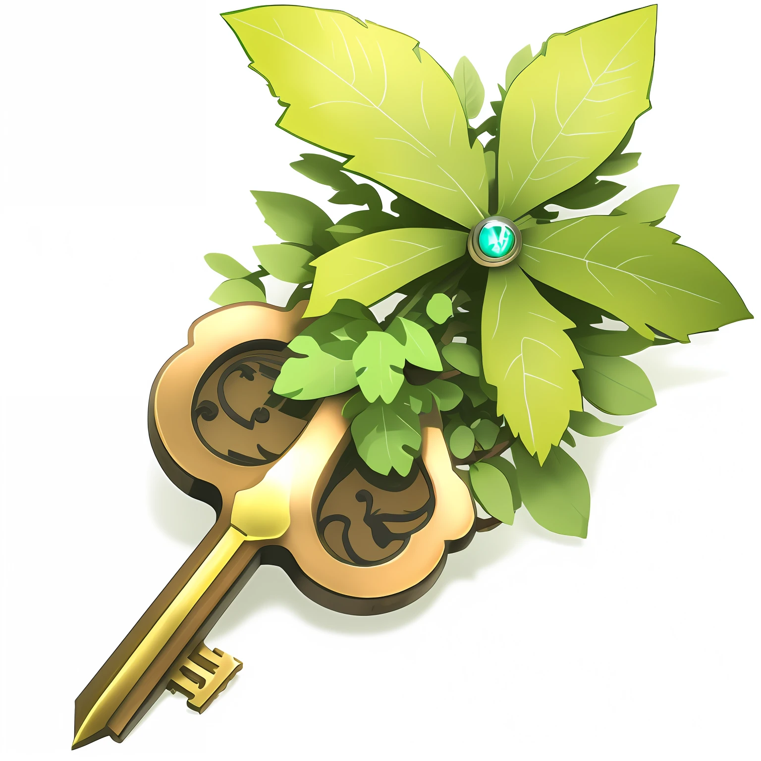 Key icon,Used in anime games,The key has a very fantastical element,There are green leaves on it,The feeling of the forest,in style of ghibli