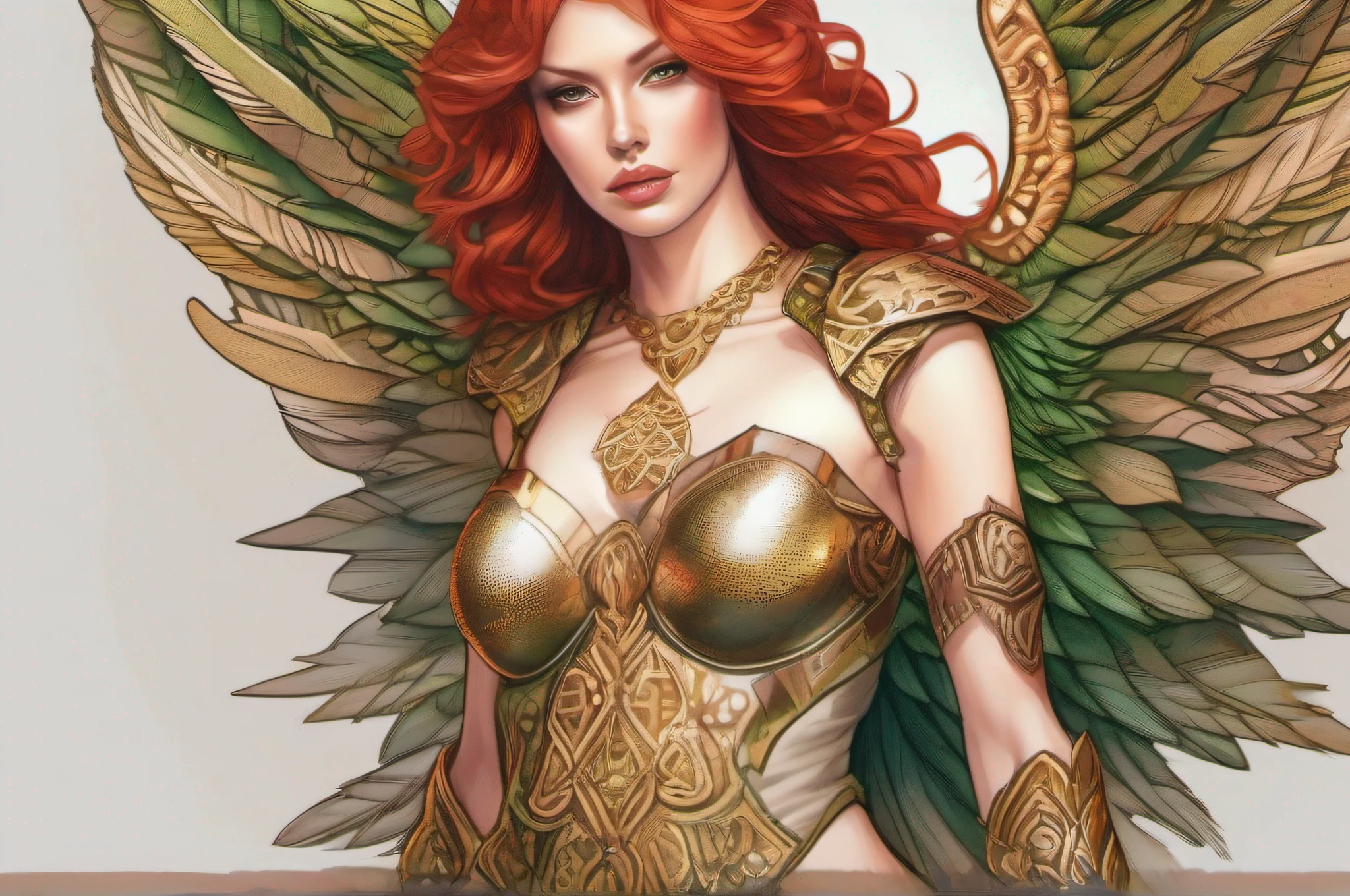 (((fullbody))) Hand-drawn illustration of a handsome angel woman nude with red hair, green eyes, symmetrical angelic wings, leather armor, halo, illustration, watercolor sketch, (best quality)), detailed intricate, Pakistani, belly out, thick lips with red lipstick, lightly made up and rosy cheeks, female, thin waist, wide hip, thick legs, defined and delicate body, detailed skin, golden tribal tattoo, big breasts, smiling