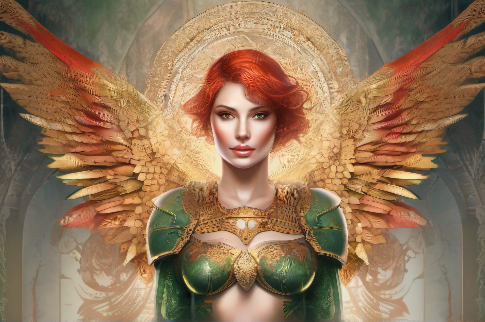 (((fullbody))) Hand-drawn illustration of a handsome angel woman nude with red hair, green eyes, symmetrical angelic wings, leather armor, halo, illustration, watercolor sketch, (best quality)), detailed intricate, Pakistani, belly out, thick lips with red lipstick, lightly made up and rosy cheeks, female, thin waist, wide hip, thick legs, defined and delicate body, detailed skin, golden tribal tattoo, big breasts, smiling