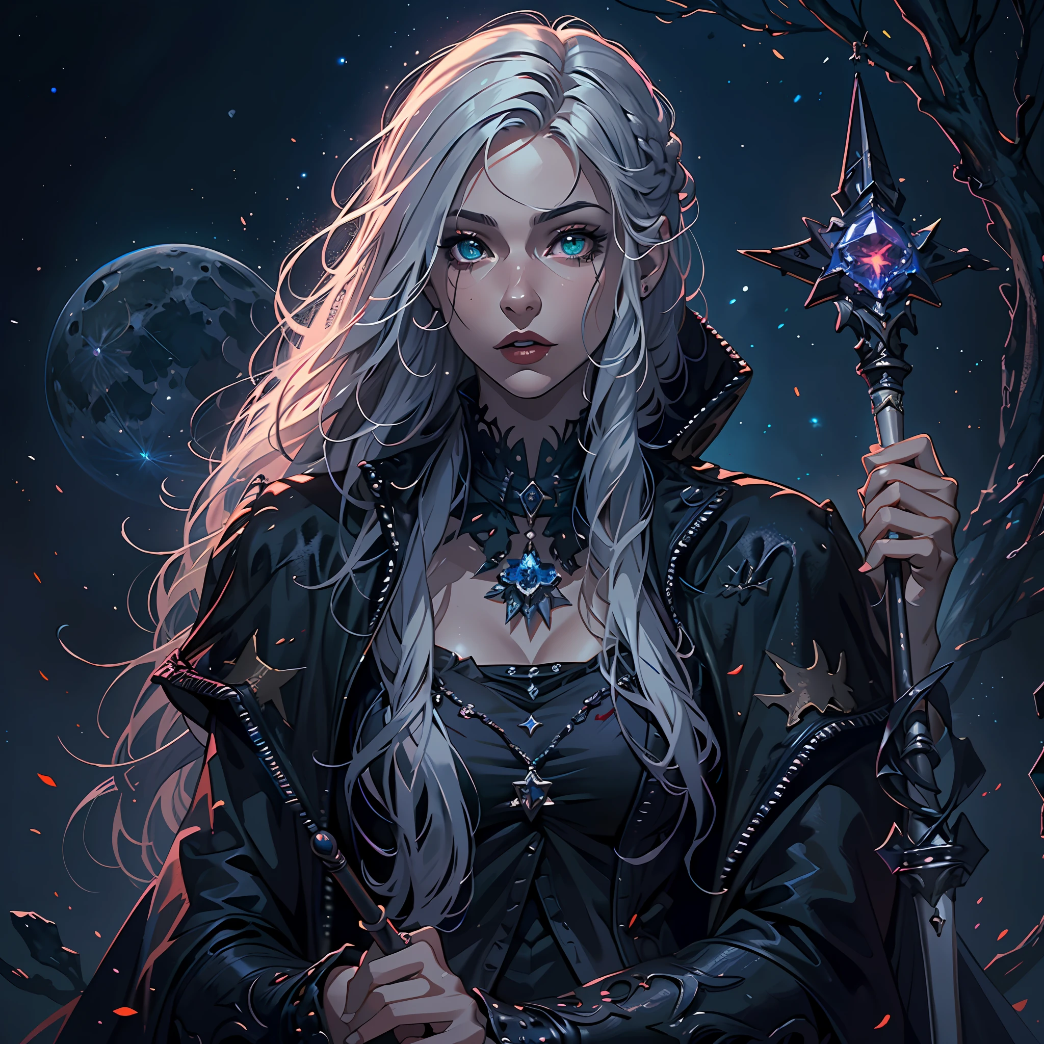 high details, best quality, 8k, [ultra detailed], masterpiece, best quality, (extremely detailed), dynamic angle, ultra wide shot, photorealistic, dark fantasy art,  gothic art, dark RPG art, realistic art, an ultra wide picture of female human cleric,, very beautiful female woman (intense details, Masterpiece, best details: 1.5),  holding a spear, wearing black cloak, black leather suit, with stars sigils (intense details, Masterpiece, best details: 1.5), high heeled boots, holy symbol casting a spell, white magical sigils (intense details, Masterpiece, best details: 1.5), stars and moon symbol, blue light from symbol, blond hair (intense details, Masterpiece, best details: 1.5), long hair, braided hair, small, intense eyes, green eyes, moon and stars background, (( goth worship atmosphere)), moon light high details, best quality, highres, ultra wide angle