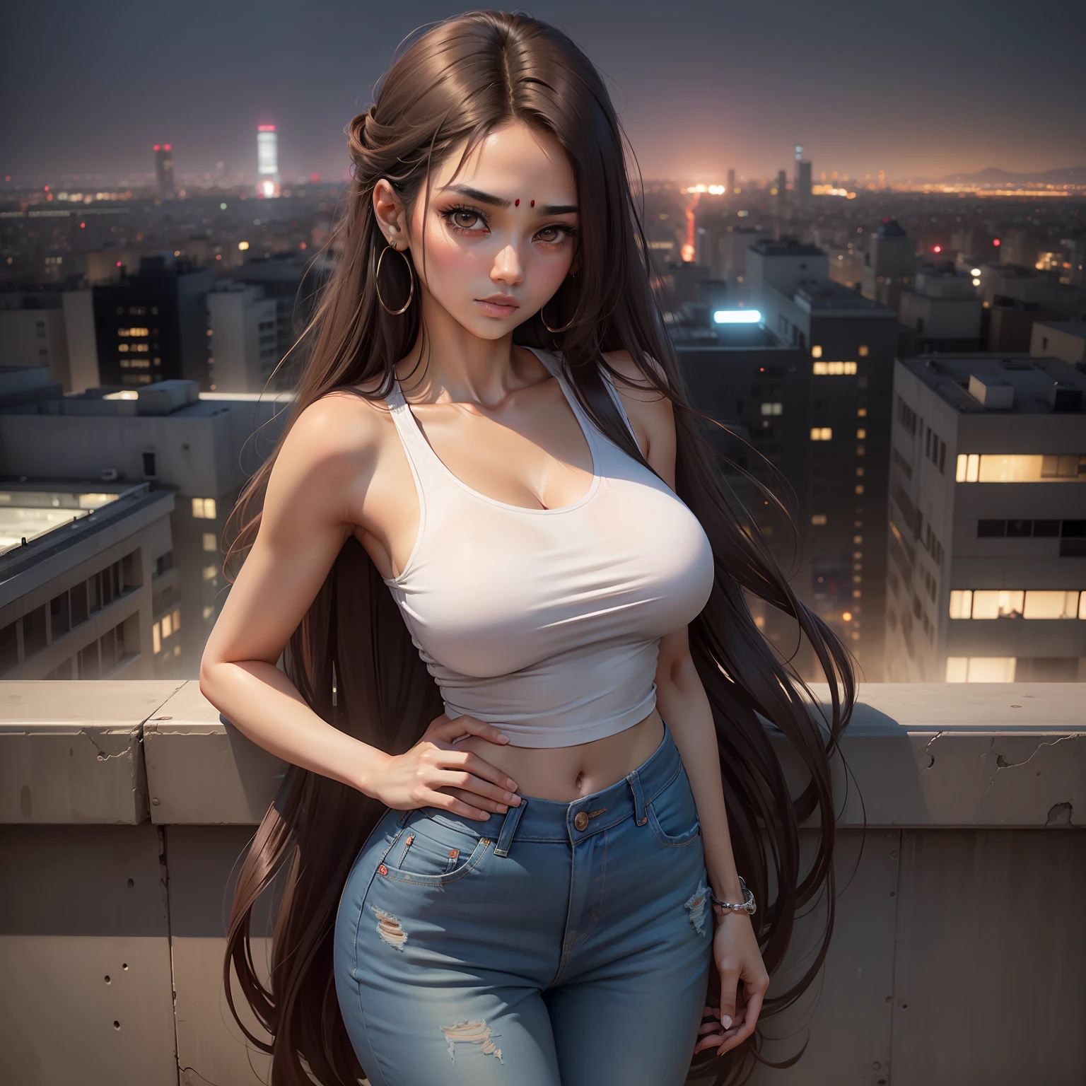 ((Midnight, Best quality, 8k, Masterpiece :1.3)), Whole body, Long legs, Sharp focus :1.2, A pretty woman with perfect figure :1.4, Slender abs :1.1, ((Dark brown hair, Big breasts :1.2)), (White tight tshirt, Jean bib, Standing:1.2), ((Night city view, Rooftop:1.3)), Highly detailed face and skin texture, Detailed eyes, Double eyelid, long hair , indian girl, 20 years old, shy look