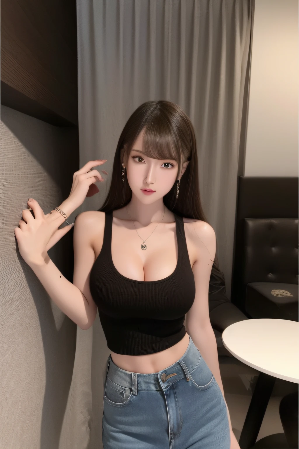 （realisticlying， A high resolution：1.3）， 1 girl with a perfect body， Super fine face and eyes，Full body photo，Thin waist and hips，facing away，Raised sexy，mideum breasts，Expose cleavage，long whitr hair， Tank top of random colors， short jeans pants， in a cafe，Stand on the side，