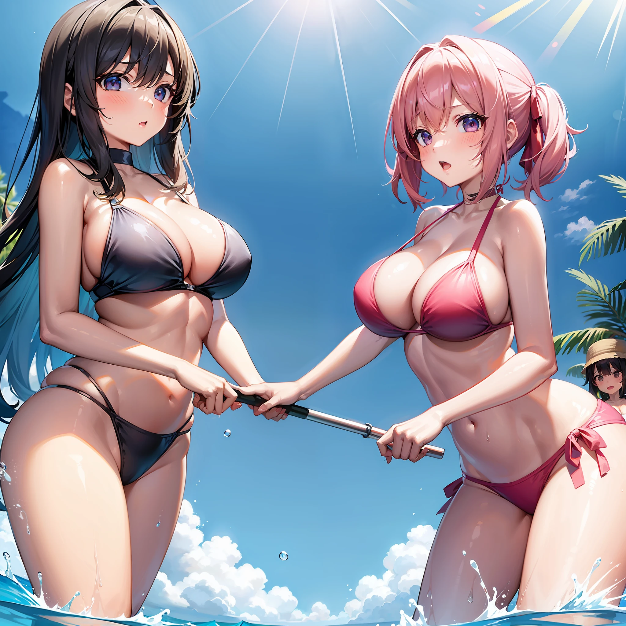 2girls,Childlike big breasts,(nedium breasts:heads=3:1)Bikini swimsuit,Swim in the pool,bit girl,Lori huge breasts cleavage,A coquettish expression,Extremely large breasts,small loli