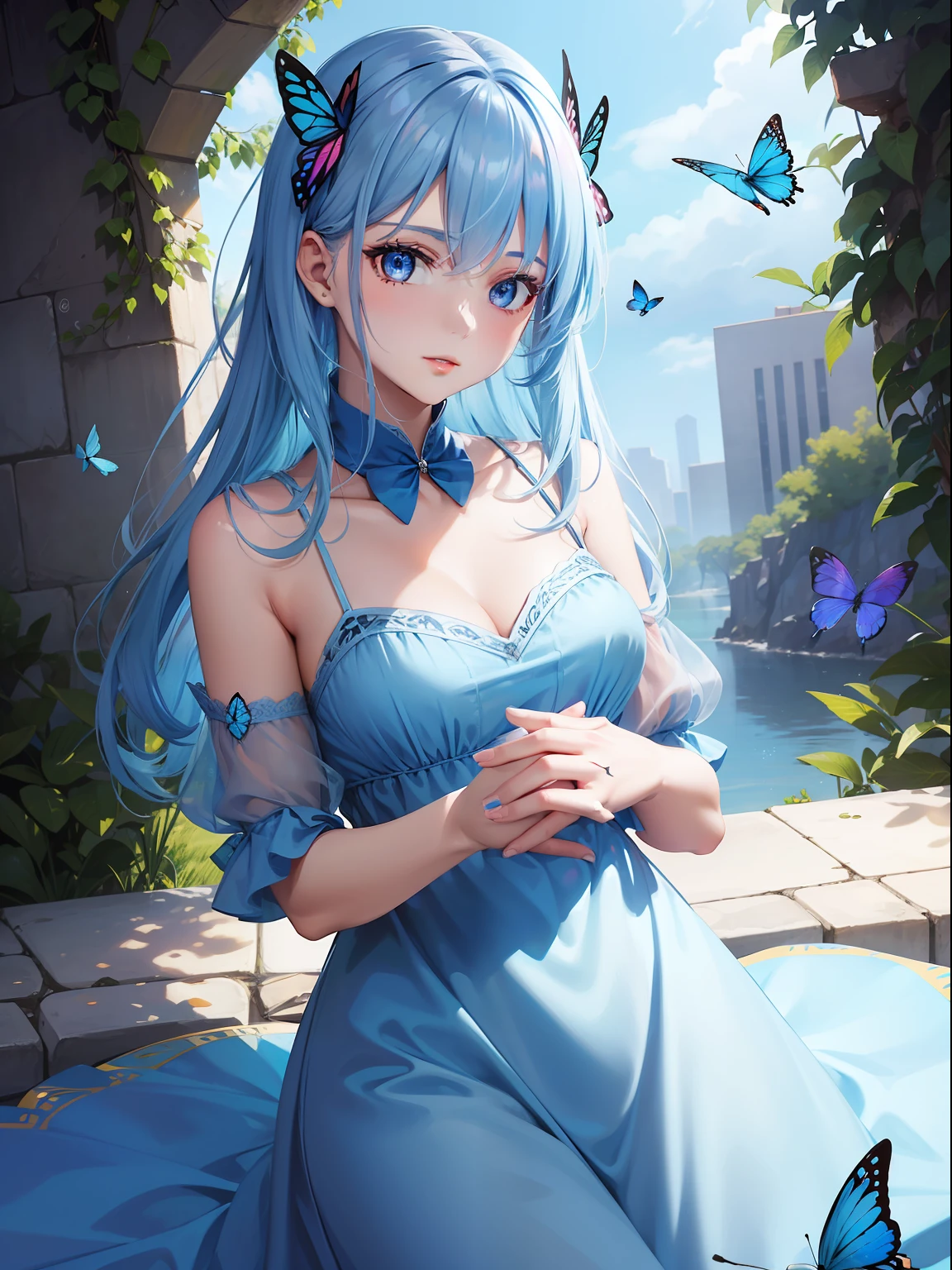 a women, blue butterfly, blue hair, pink eyes, blue dress
