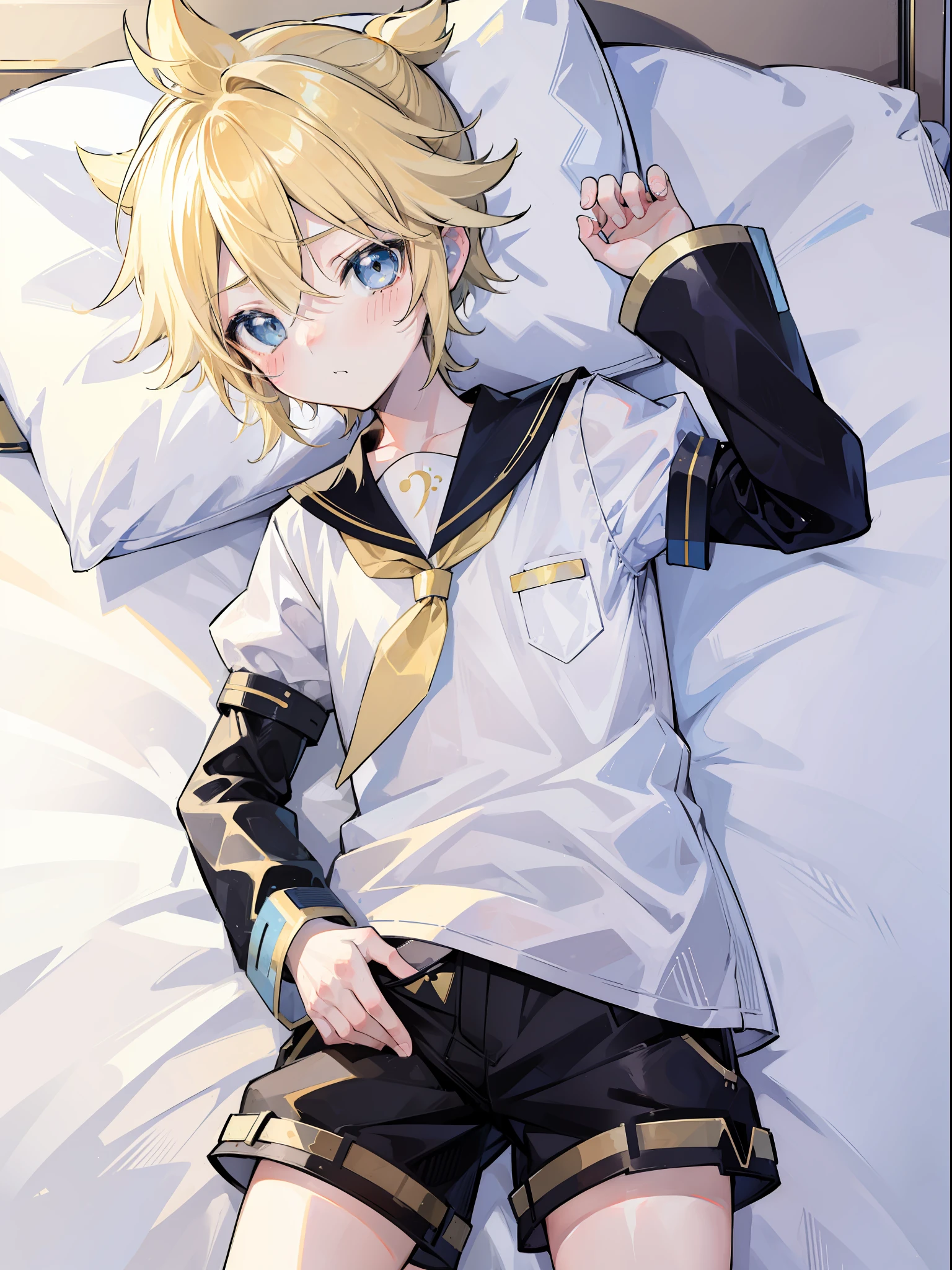 one boy, (Len_Kagamine), blue eyes, blond hair, (blush), (handsome), (cool), sailor uniform, (black short pants), (cowlick hair), (slender), on bed, lying on bed, pouting