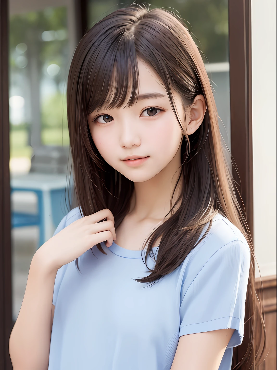 Platinum blonde hair is super long and filamentous straight hair、porate、School uniforms、bright expression、poneyTail、young and shiny white shiny skin、Best Looks、Shiny light hair、Beautiful bangs that shine、Double eyelids、eyes liner、Big crystal clear blue eyes,Shining with a mesmerizing light、a small face、Very nice cute cute 18 year old Eastern European girl、Large bust
