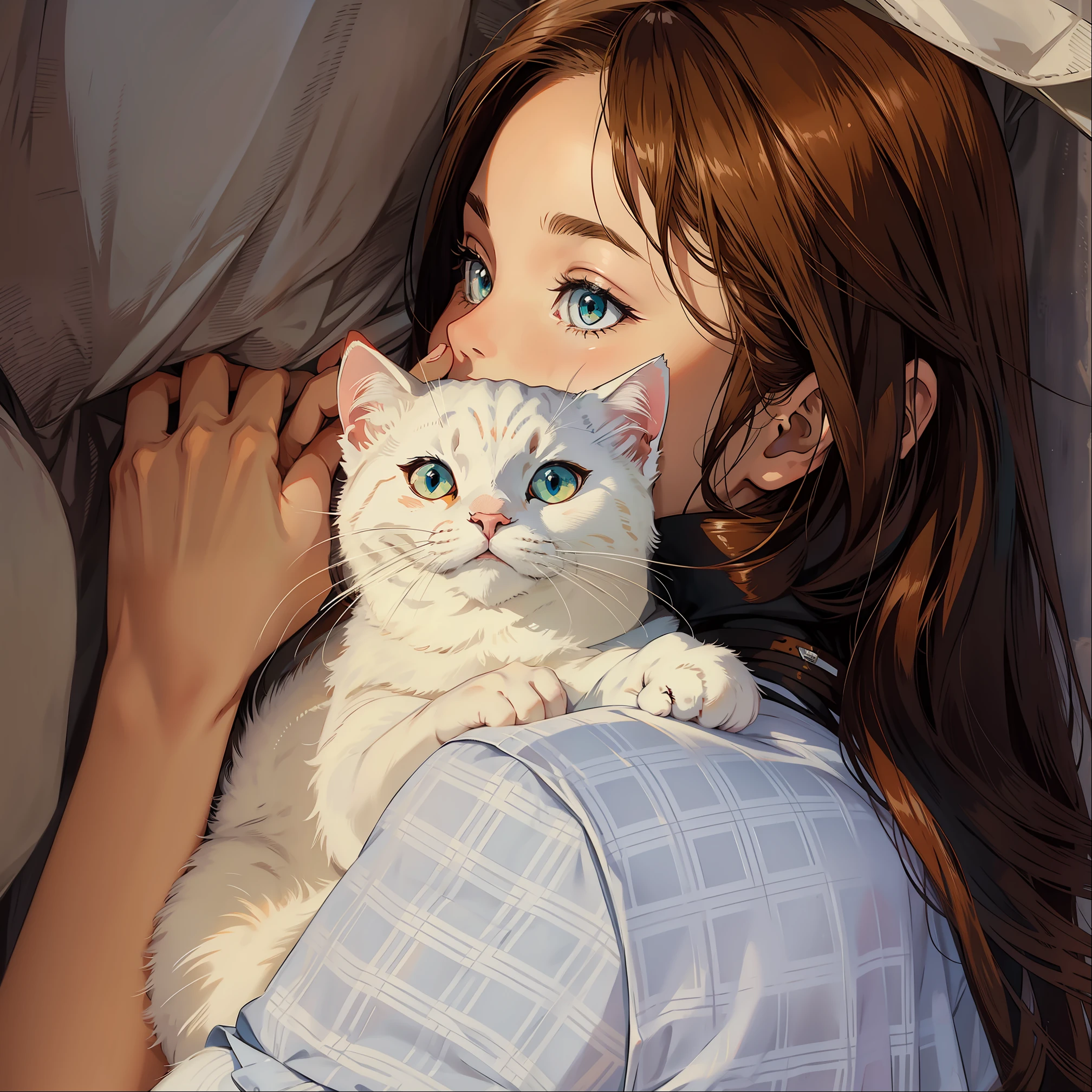white cat,Cute girl,Cover half of your face