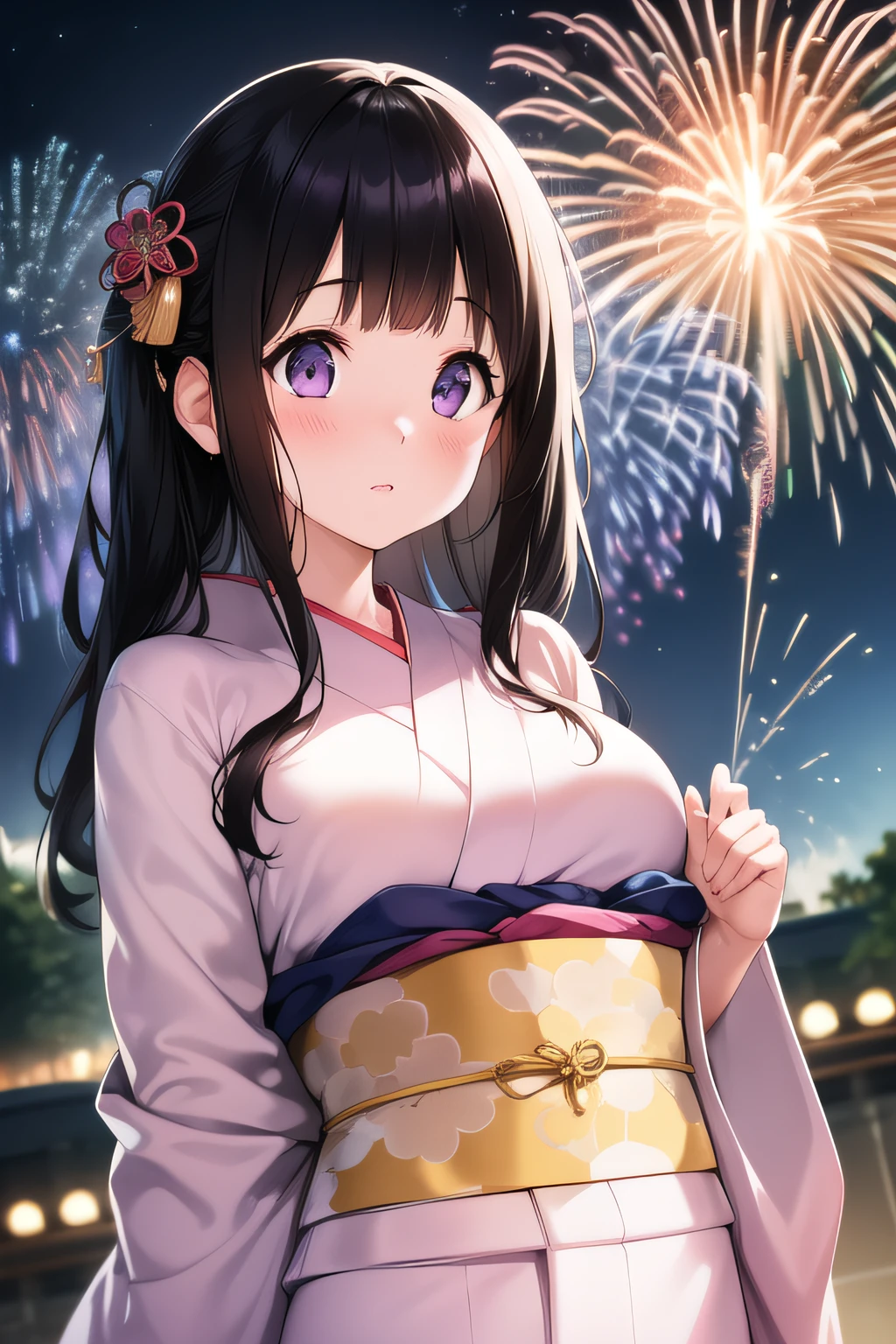 A superb exquisite Chitanda Eru, purple eyes, black long hair, chignon, straight bangs, (Small_breasts: large_breasts: 0.4), solo, ((kimono)), ((blush_face)), ((pleasure_expression)), ((fireworks)), extremely delicate, straight facial features, peerless beautiful girl, soft, (kawaii), dreamy quality, light white and dark brown, exaggerated facial features, solid color, delicate face, bright lips slightly open, slender waist, soft curves, real light and shadow, super fine, 4k, natural moving, Ultra high resolution, (masterpiece:1.2, best quality), (finely detailed beautiful eyes: 1.2), (beautiful detailed face)