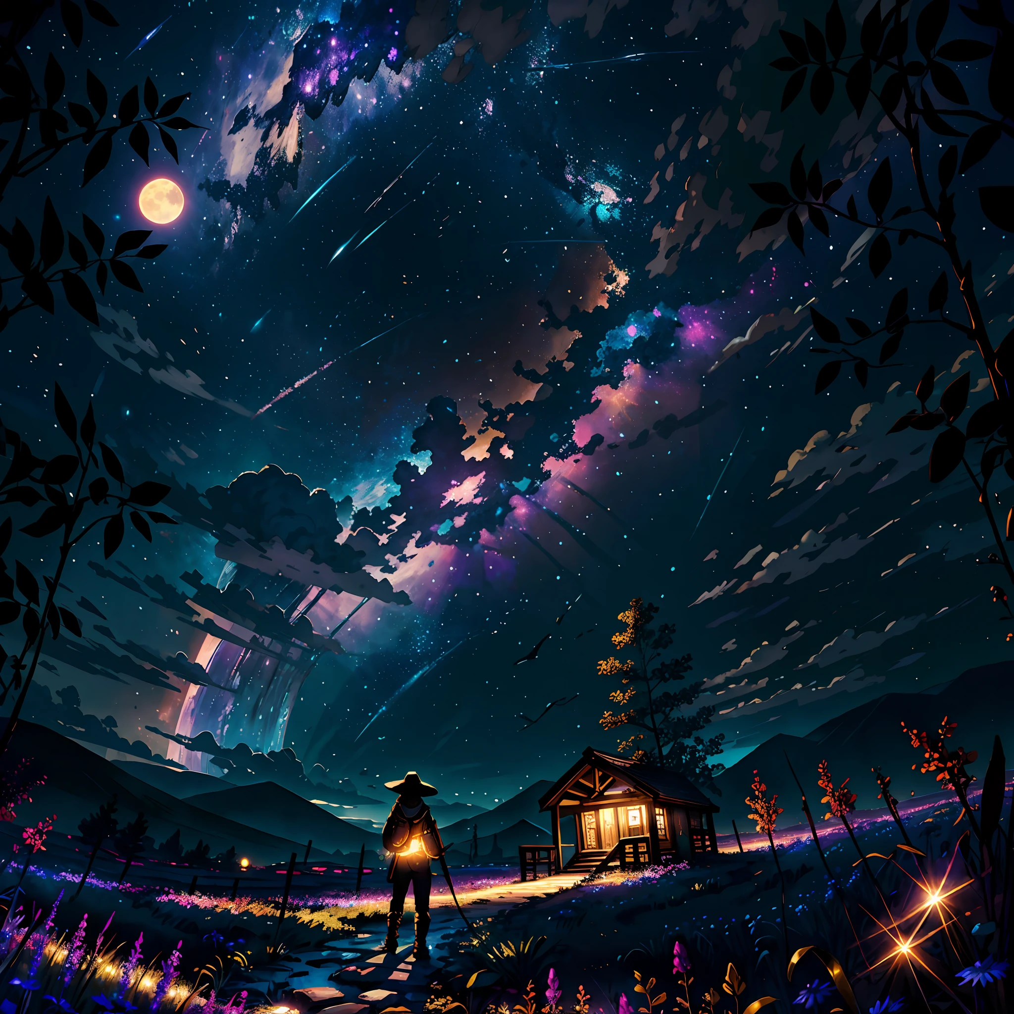 expansive landscape photograph , (a view from below that shows sky above and open field below), a girl standing on flower field looking up, (full moon:1.2), ( shooting stars:0.9), (nebula:1.3), distant mountain, tree BREAK
production art, (warm light source:1.2), (Firefly:1.2), lamp, lot of purple and orange, intricate details, volumetric lighting BREAK
(masterpiece:1.2), (best quality), 4k, ultra-detailed, (dynamic composition:1.4), highly detailed, colorful details,( iridescent colors:1.2), (glowing lighting, atmospheric lighting), dreamy, magical, (solo:1.2)