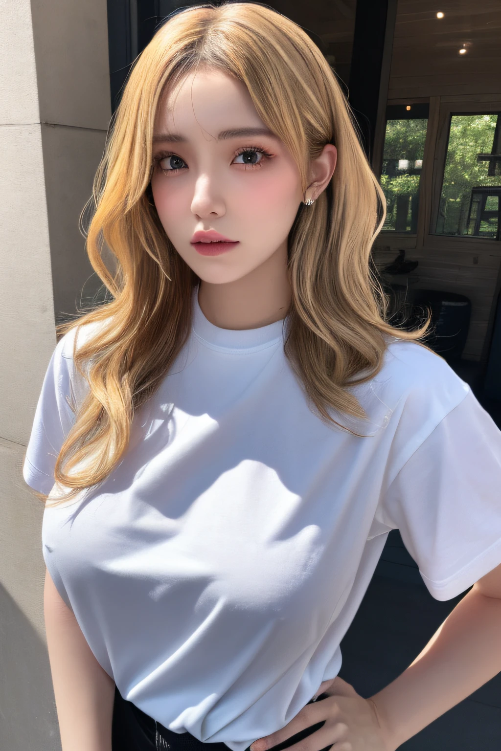 (1girl),large breasts, breasts, tan, dewy skin, sweaty skin, wavy blonde hair, punk tshirt, punk girl