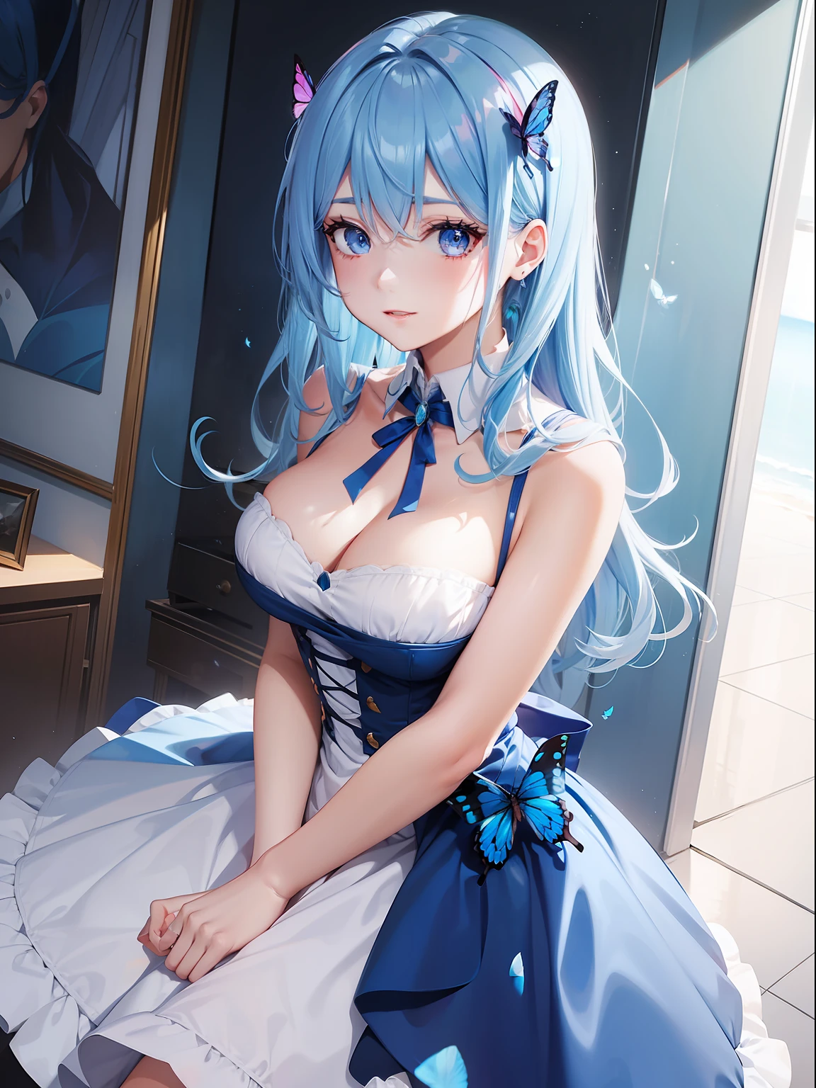 a women, blue butterfly, blue hair, pink eyes, blue dress