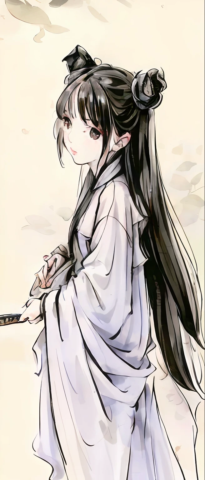 ((4k,masterpiece,best quality)), shuimobysim, traditional chinese ink painting, lotus, hanfu, maxiskit, dress conservatively
1 girl, solo, auburn hair, long hair, halo, white, fish, many fish near girl, look at viewer, tease, holding longsword