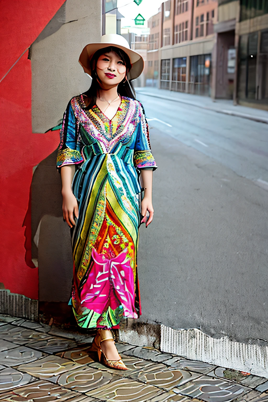 Asian woman in colorful dress and hat standing on brick sidewalk, Colorful dress,