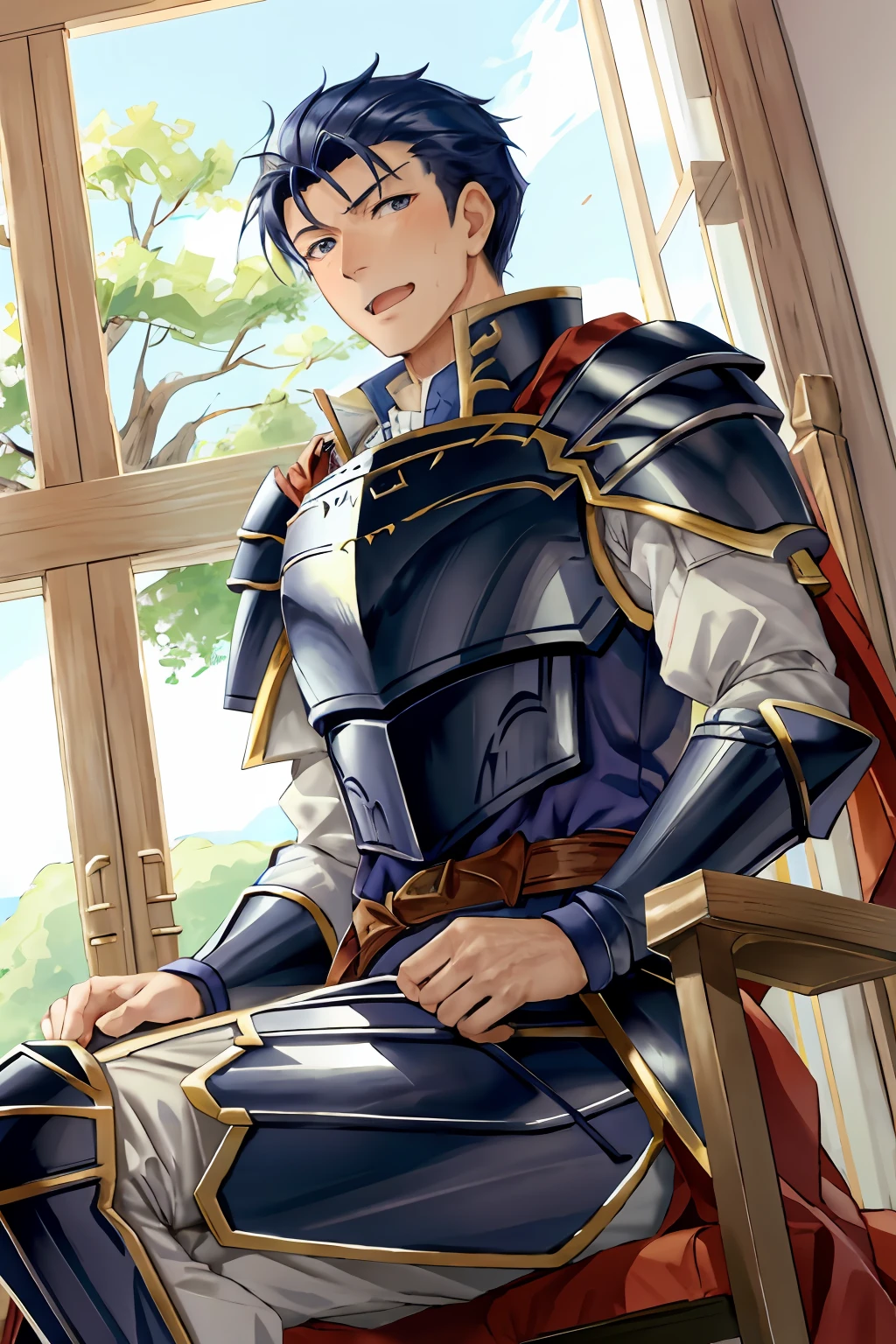 Hector Fey, 独奏, looking at viewert, Teasing laughter, Open your mouth,drools,perspire,Drenched,Get wet,mitts, 1 man, Male focus, sit astride(sit on chair),Cloak, Armour, Shoulder armor, POV from below