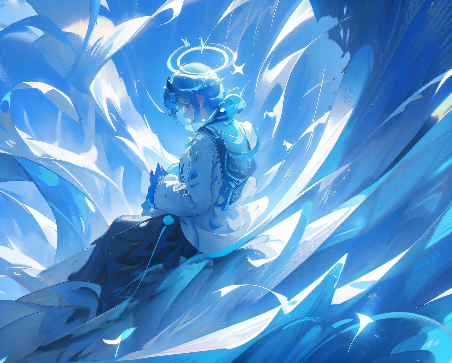 A male mermaid fish scales colored halo sitting on a cloud blue hair pupil blue aesthetic upper body is a boy lower body is a fish tail lying on a cloud 8 lessons very detailed best treatment, high quality wallpaper masterpiece.