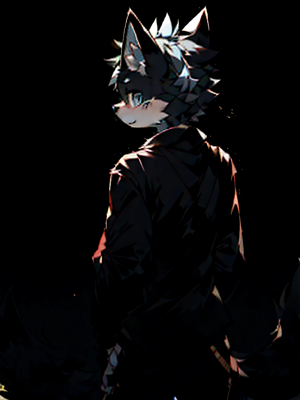 Blue-eyed fox,Furry Flsona artwork, Very nice furry man-wolf, pointy ears, Furry art!!!,anthropomorphic turtle,The male,back,Turn Back,Beautiful background,The clothes ar,Black and white fur,There is light coming down from behind,Black and white fur