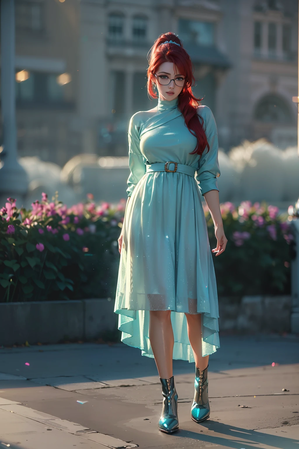 (
(Character: one irish woman, (40 years old), red hair, long ponytail hair)
(Clothing: cyan vintage dress, pantyhose, high heels boots, glasses)
(Pose: full body shot:1.7, dynamic pose)
(blurry, intense urban lights in background)
(Style: ((masterpiece:1.5)), (face detailed), photo-realistic:1.3, hyperrealistic, foggy, high contrast, shiny skin, soft lighting, backlighting, bloom, light sparkles, chromatic aberration)